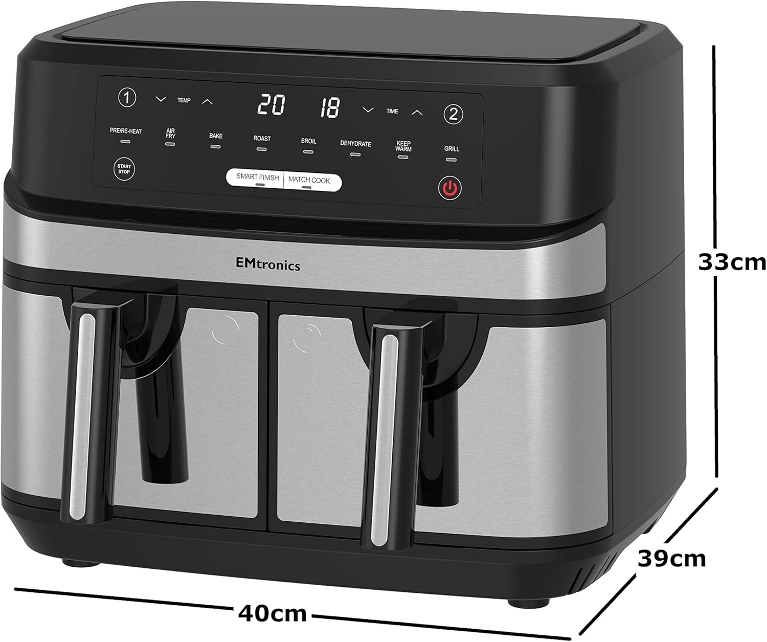 EMtronics EMAFDD9LSL Dual Air Fryer Extra Large Family Size Double XL 9 Litre with 8 Pre-Set Menus for Oil Free & Low Fat Healthy Cooking, Easy Clean Metal Interior, 99-Minute Timer - Stainless Steel - Image 5