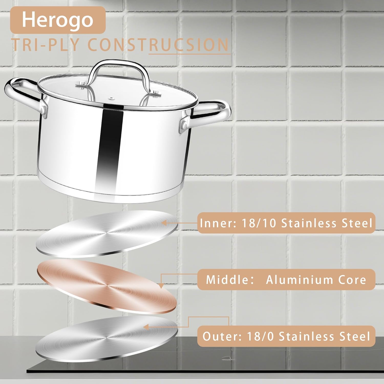 Herogo 7.8L Stock Pot, Stainless Steel Soup Pot with Clear Visible Lid, 26cm Induction Stockpot for Soup, Tri-Ply Bottom for All Stoves, Heavy Duty For Stewing/Cooking, U-shaped Handle, Silver - Image 5