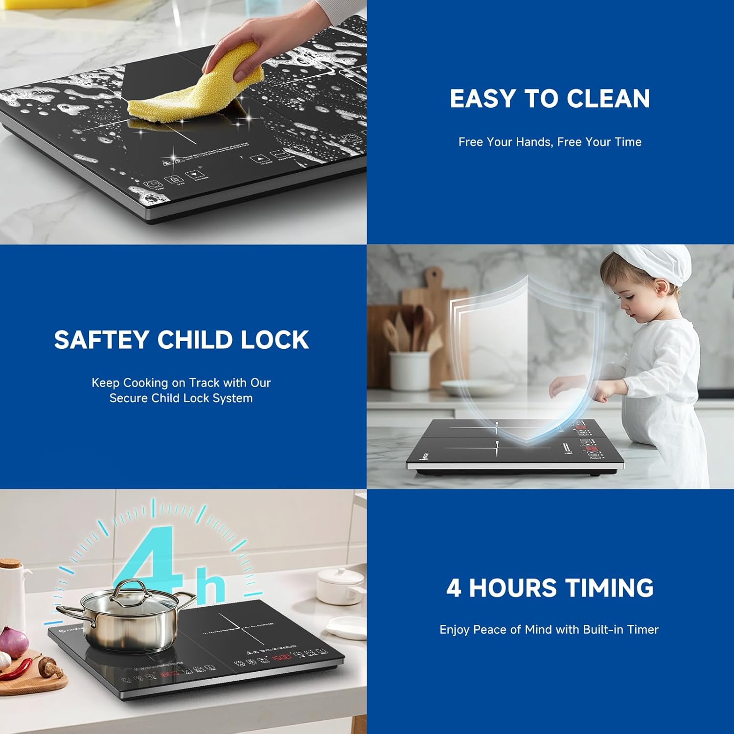 AMZCHEF Double Induction Hob, Portable Induction Cooker with Ultra-Thin Body, Independent Control, 10 Temperature Levels, Multiple Power Levels, 2800W, 3-Hour Timer, Safety Lock - Image 6
