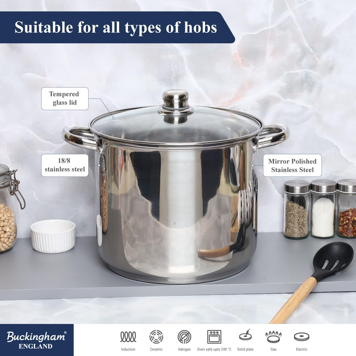 Buckingham Deep Induction Stock Pot with Glass Lid Premium Stainless Steel Multipurpose Large Cooking Pot for Soups Stews (11 litres) - Image 4