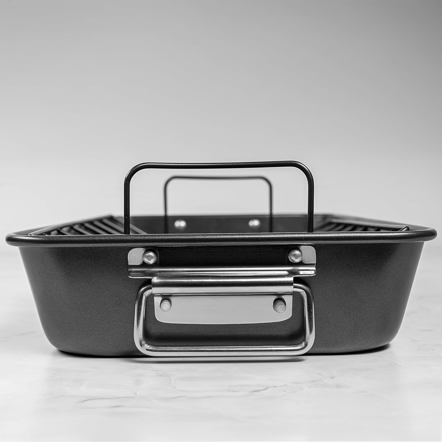 Prochef 15" Roaster with V Rack, Non-Stick Heavy Gauge Roasting Tray, PFAS-Free, Dishwasher Safe, Oven Safe to 230°C – 38.5x27.5x7.5cm Large Roasting Pan, Grey, BlackOne - Image 3
