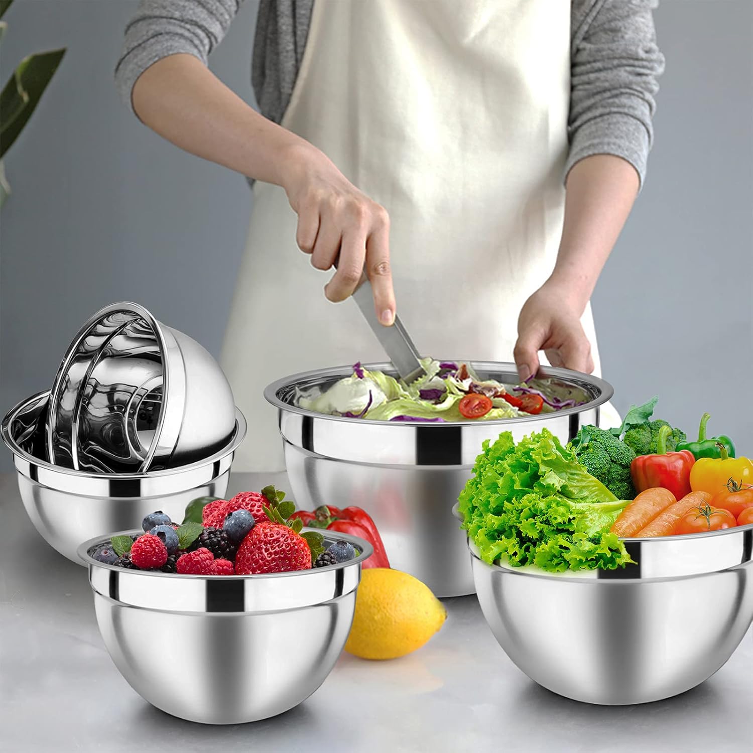 Homikit Stainless Steel Mixing Bowls with Airtight Lids, 5 Piece Nesting Salad Bowls for Space-Saving Storage, Metal Serving Bowl for Kitchen Baking/Cooking/Prepping, Size 0.7/1/1.5/2.6/4.6QT - Image 7