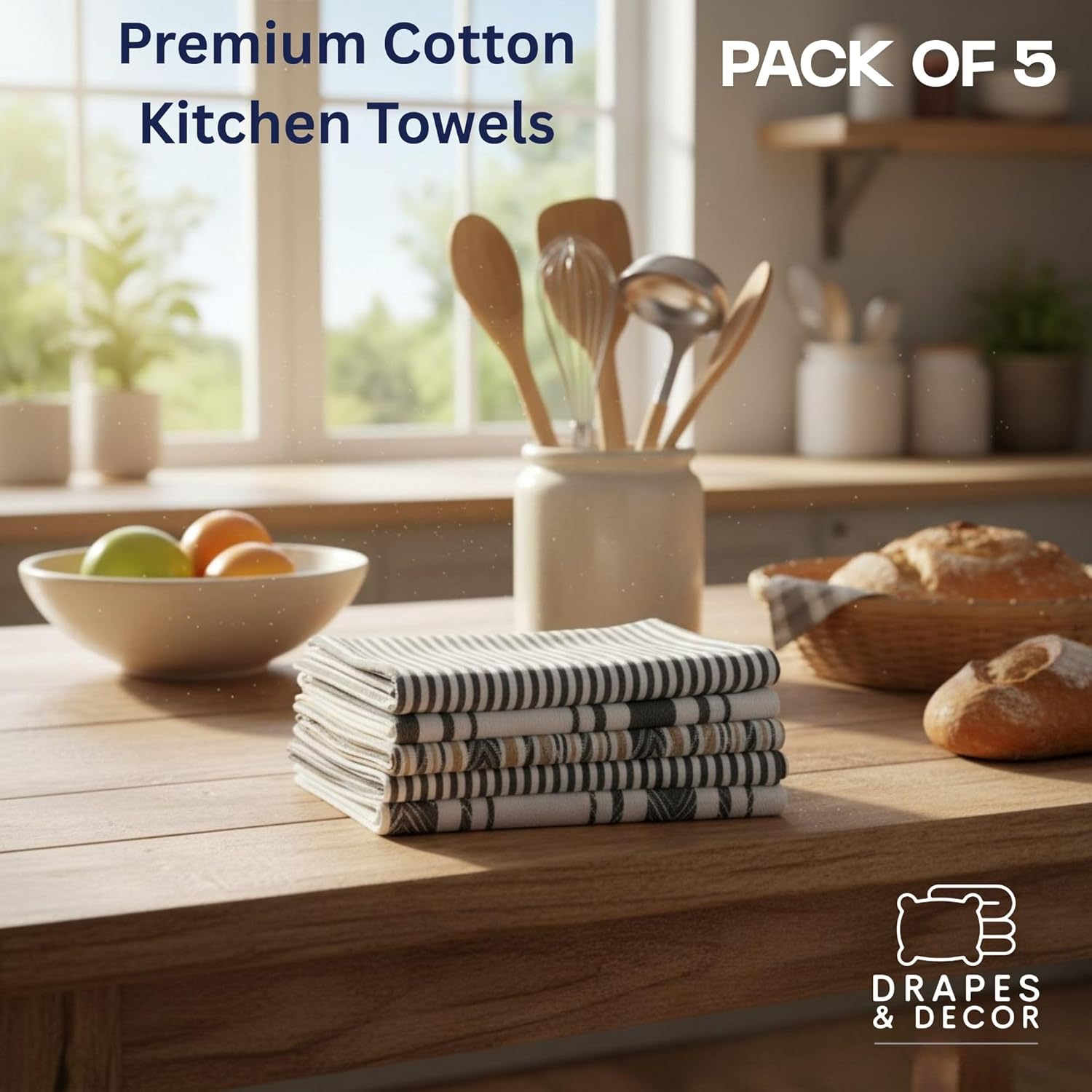 DRAPES & DECOR Pack of 5-Grey Cotton Tea Towels for Kitchen Crafted With 100% Cotton, Extra Large Kitchen Tea Towels Lint Free, Soft and Absorbent Dish Towel For Drying Dishes (50x70cm)-300GSM - Image 9
