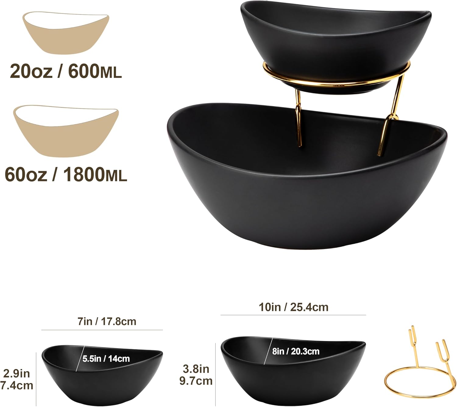 MALACASA 2 Tier Chip and Dip Serving Set with Metal Stand,Ceramic Appetizer Bowls for Party, Multi-Use Food Display for Fruits, Snacks, Black Elegant Tiered Serving Dishes for Party - Image 3