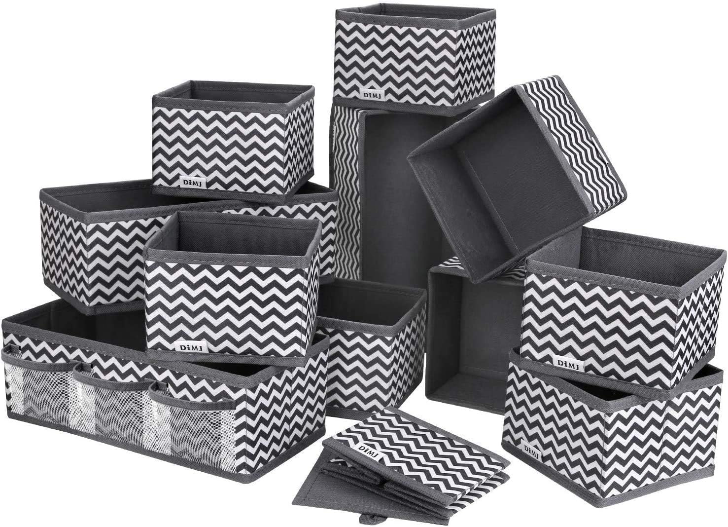DIMJ 12 Pack Fabric Drawer Dividers Foldable Storage Boxes Ideal for Socks/Toys/Stationery/Towels/Snacks, 4 Medium & 8 Small Drawer Organiser for living rooms, nurseries, kitchens or home offices