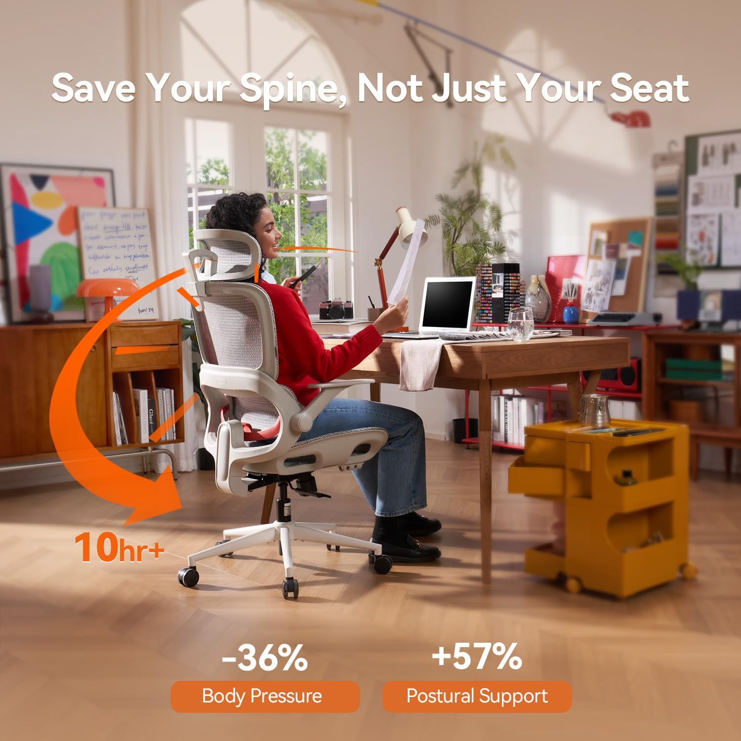 SIHOO B100 Ergonomic Office Chair, Comfy Desk Chair with Adaptive Dynamic Lumbar Support, Computer Chair with Extra Wide Headrest, Flip-Up Armrests, 90-135° Tilt Lock and Breathable Mesh Cushion - Image 4
