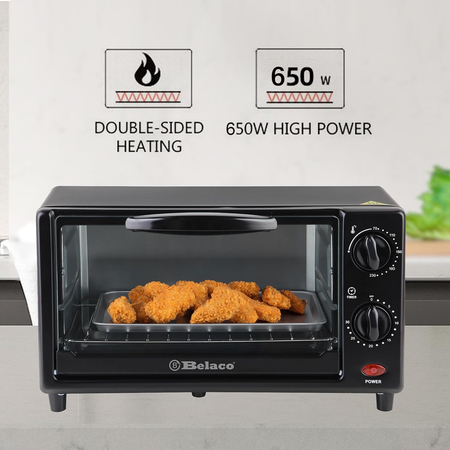 Belaco Mini 9L Toaster Oven Tabletop Cooking Baking Portable Oven 650w 100-250° Stainless steel heating tube incl. baking tray & wire rack - Image 4