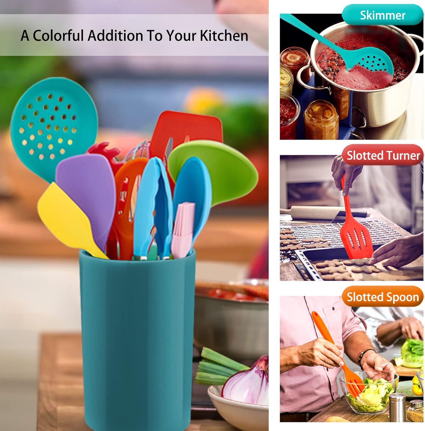 Kitchen Utensil Set, Homikit 12 Piece Cooking Utensils, Silicone Kitchen Utensils Set with Holder, Heat Resistant Kitchen Tools Include Spoons Turner Spatula Tong for Non-Stick Cookware, Multicolor - Image 4