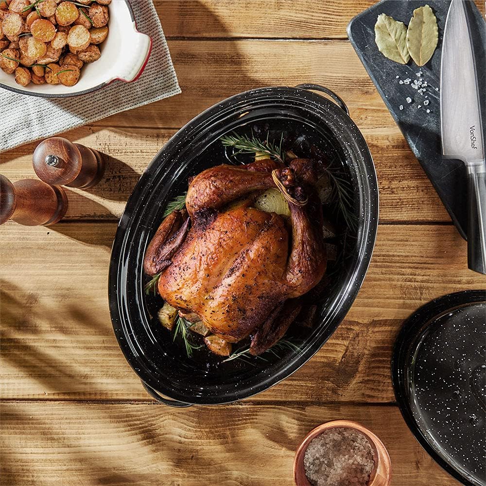 VonShef Enamel Roaster with Lid - Self-Basting, Deep Oval, Non-Stick Black Steel Oven Roasting Tin Heats up to 230°C for Stews, Casseroles & Roast Dinners - Gas/Electric, Easy Clean - 38cm - Image 7