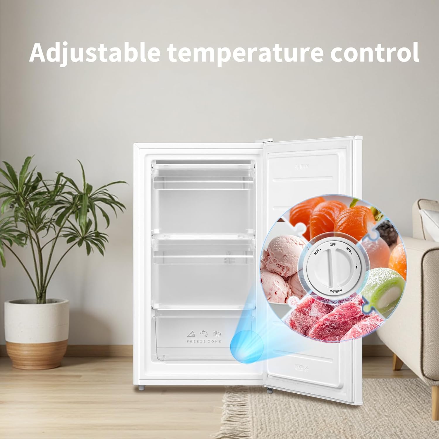 COMFEE' RCU60WH2(E) 60L Freestanding Under Counter Upright Freezer, 4-Star Freezer up to -24°C, 3 Storage Compartmen, Adjustable Thermostat, Reversible Door, White - Image 8