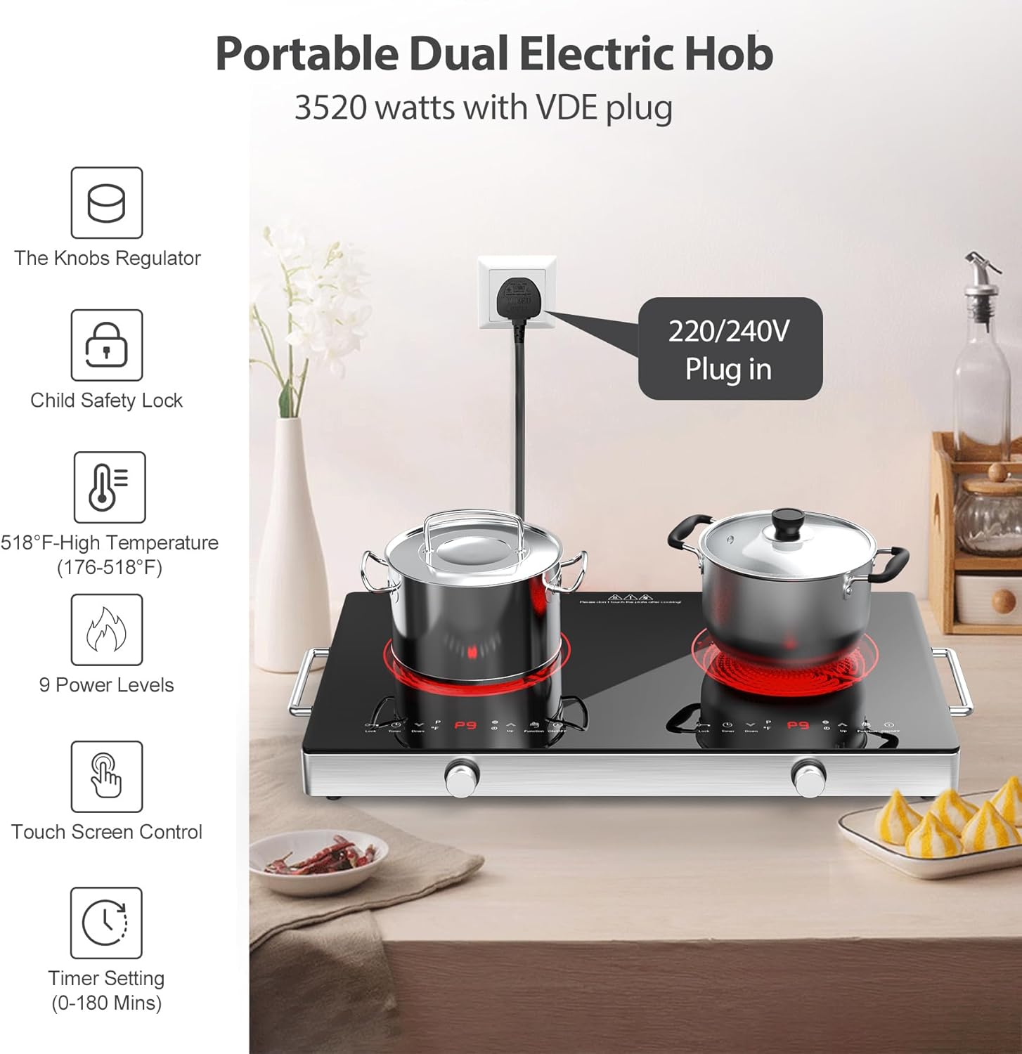 VBGK 2 Ring Electric Hob with Handle, 3520W Ceramic Hob 2 Zone, Double Electric Ceramic Hob Countertop, Safety Lock & 3H Timer, 220V-240V Plug in - Image 4
