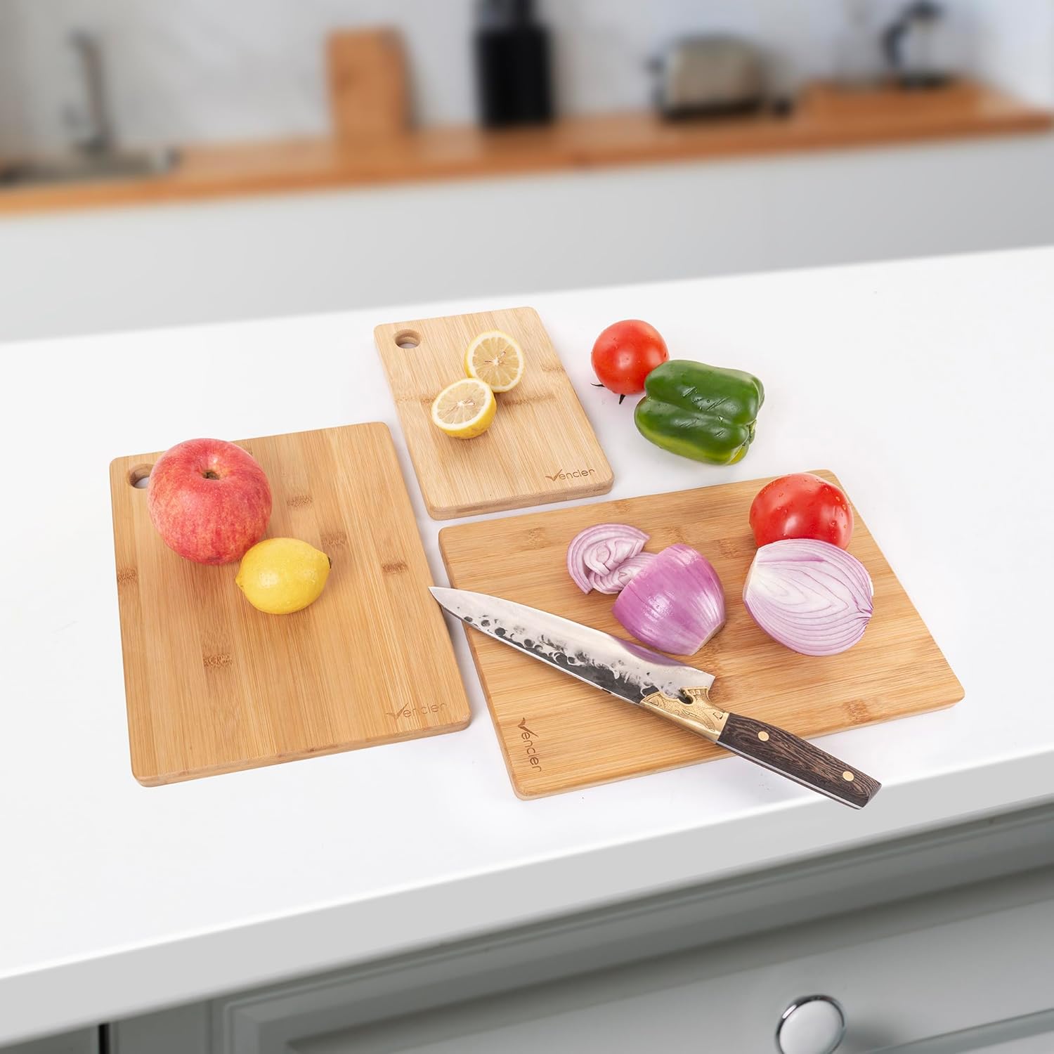 Vencier Thick Wooden Cutting Boards Set - Perfect for Meat Carving, Vegetable and Bread Cutting - Bamboo Chopping Board Ensemble (3pc Set) - Image 3