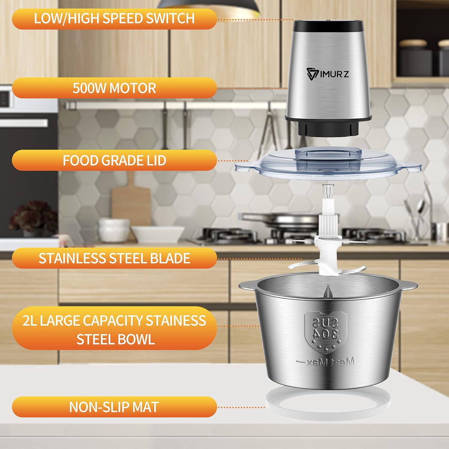 Mini Chopper Electric Food Processor with 2 Litre Stainless Steel Bowl, 2 Speeds, 4 Bi-Level Blades,500W, Silver - Image 4