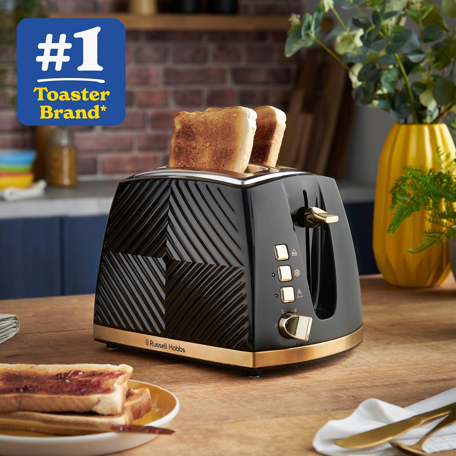 Russell Hobbs Groove 2 Slice Toaster (High Lift, Extra Wide Slots, 6 Browning levels, Frozen/Cancel/Reheat function - Illuminated buttons, Removable crumb tray, 850W, Black, Brushed gold accents)26390 - Image 2