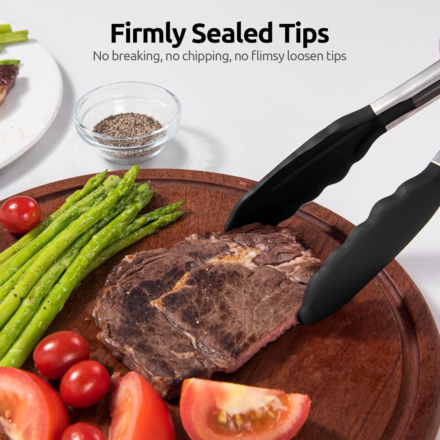 315℃ Heat Resistant Kitchen Tongs: U-Taste Silicone Cooking Tong Set with Firm Sealed Non Stick Silicone Tips and Silicon Coated 18/8 Stainless Steel Handle for Serving Grilling (Set of 2, Black) - Image 9