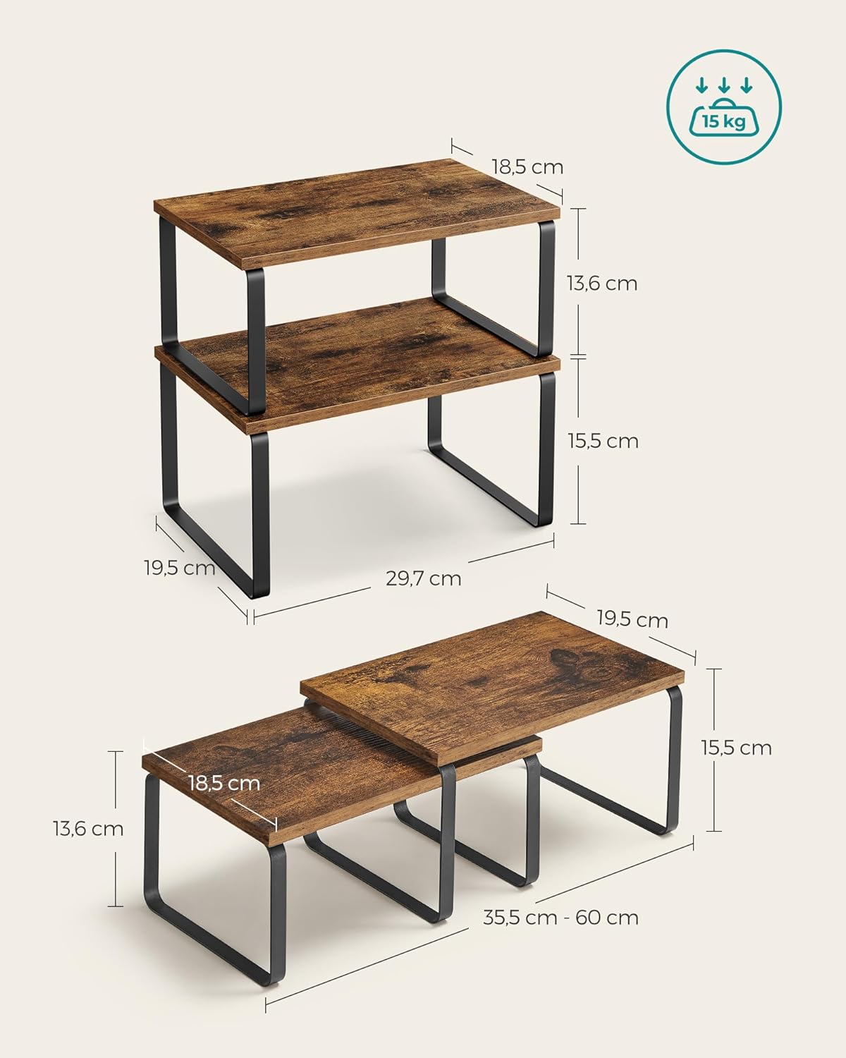 SONGMICS Spice Rack, Set of 2 Cupboard Shelf Organiser, Expandable Kitchen Shelf Organiser, Stackable Spice Holder, Metal and Engineered Wood, Black and Rustic Brown KCS020X01 - Image 5