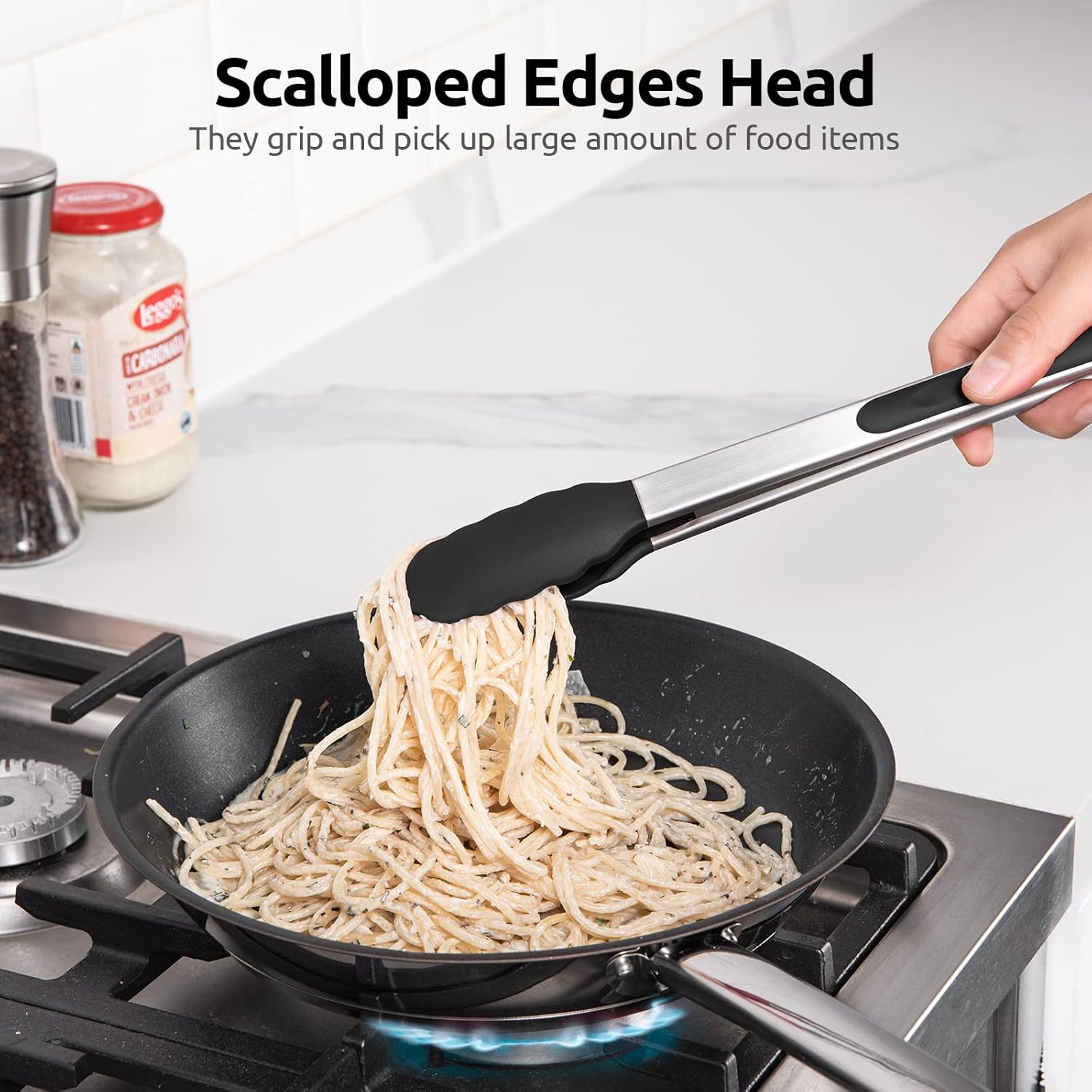 315℃ Heat Resistant Kitchen Tongs: U-Taste Silicone Cooking Tong Set with Firm Sealed Non Stick Silicone Tips and Silicon Coated 18/8 Stainless Steel Handle for Serving Grilling (Set of 2, Black) - Image 4