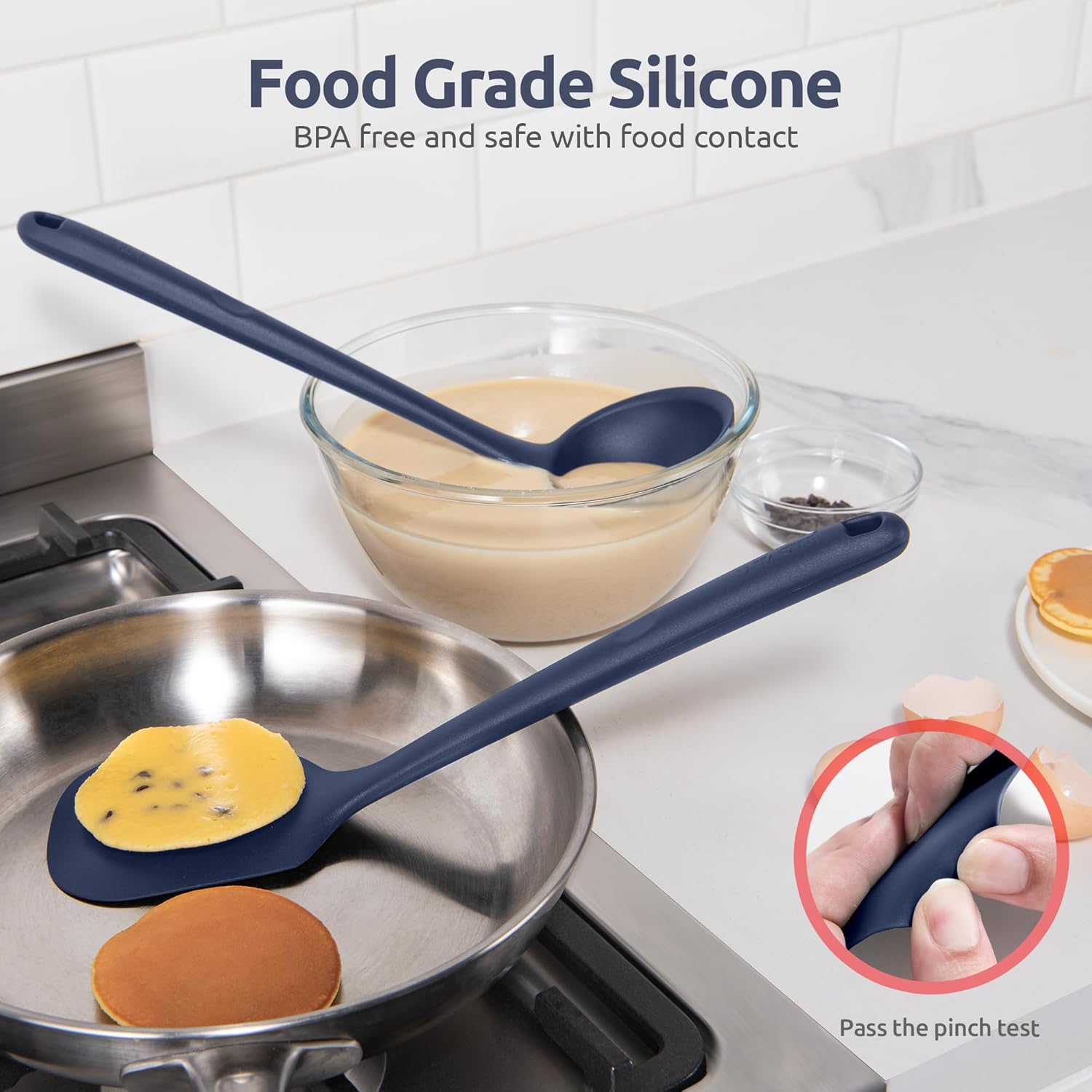 U-Taste Extra Long Silicone Kitchen Utensils, 5 Pcs 315℃ Heat Resistant Food Grade Cooking Tools Non-Stick Silicone Spatula Turner Spoon for Mixing Serving Frying Stirring Draining (Midnight Blue) - Image 4