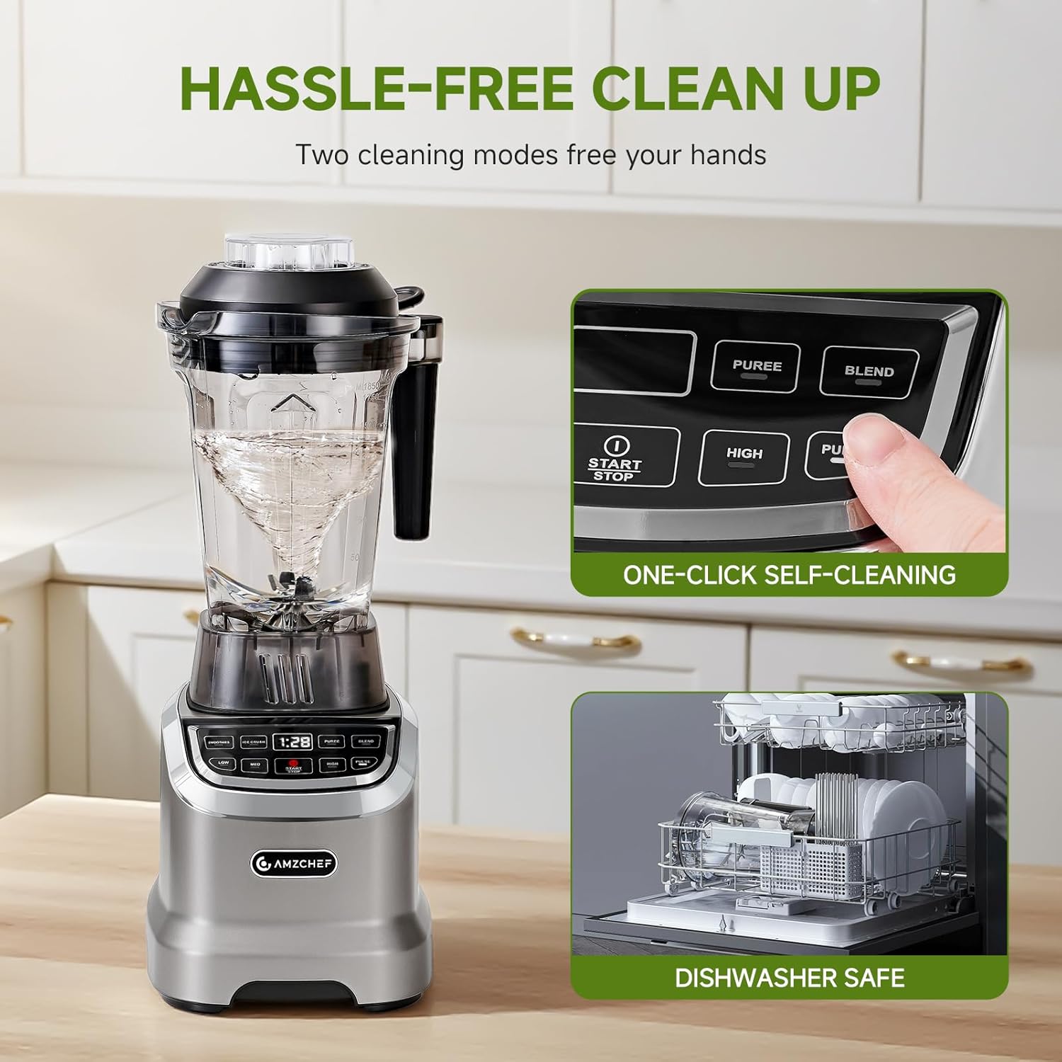 AMZCHEF Blender Smoothie Maker with Two Ways, 1800W Blenders for Kitchen with Smart Panel Control, 3 Speed Control & 4 Preset Settings, 1.85L Jug & 600ml Portable Bottle - Image 6