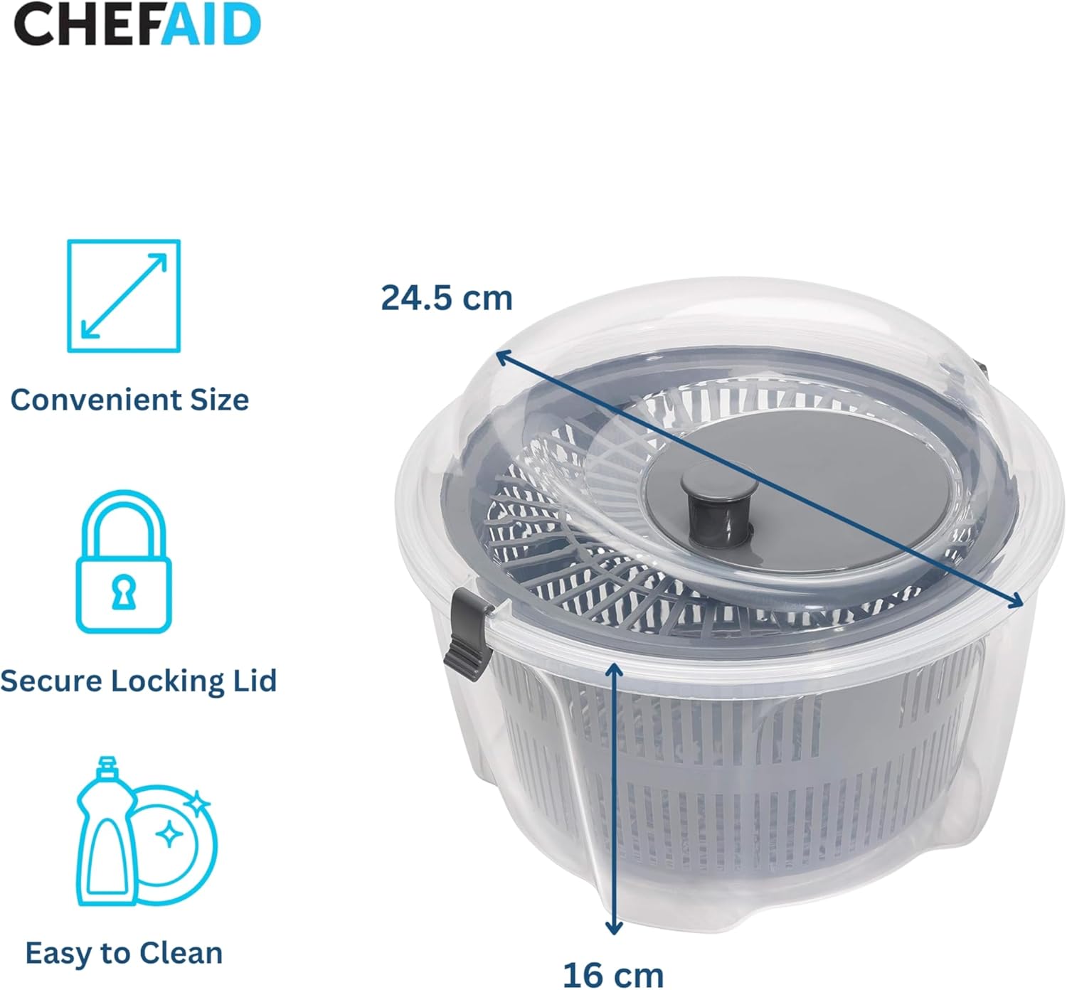 Chef Aid Clear Plastic Salad Spinner & Vegetable Dryer, 4.4 Litre Capacity, Easy Spin Mechanism, 24.5cm x 16cm - Image 2