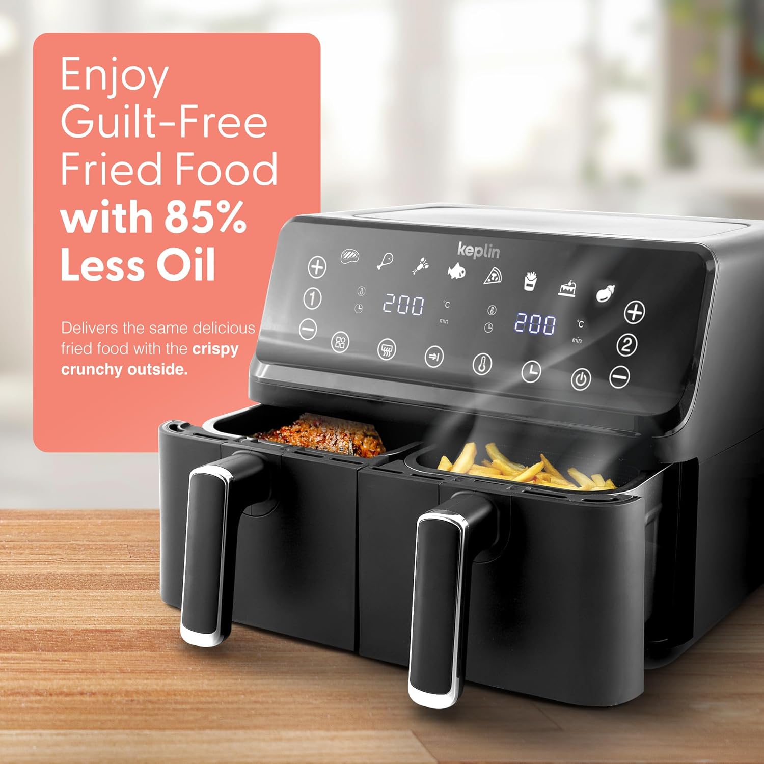 Keplin 9L Dual Zone Air Fryer - 8 in1 Cooking Functions - 2700W Energy-Saving Cooker - Extra-Large Capacity for Healthy Meals - Roast, Bake, Dehydrate, Reheat,- Family Size (9L)- 2 Years Warranty - Image 3