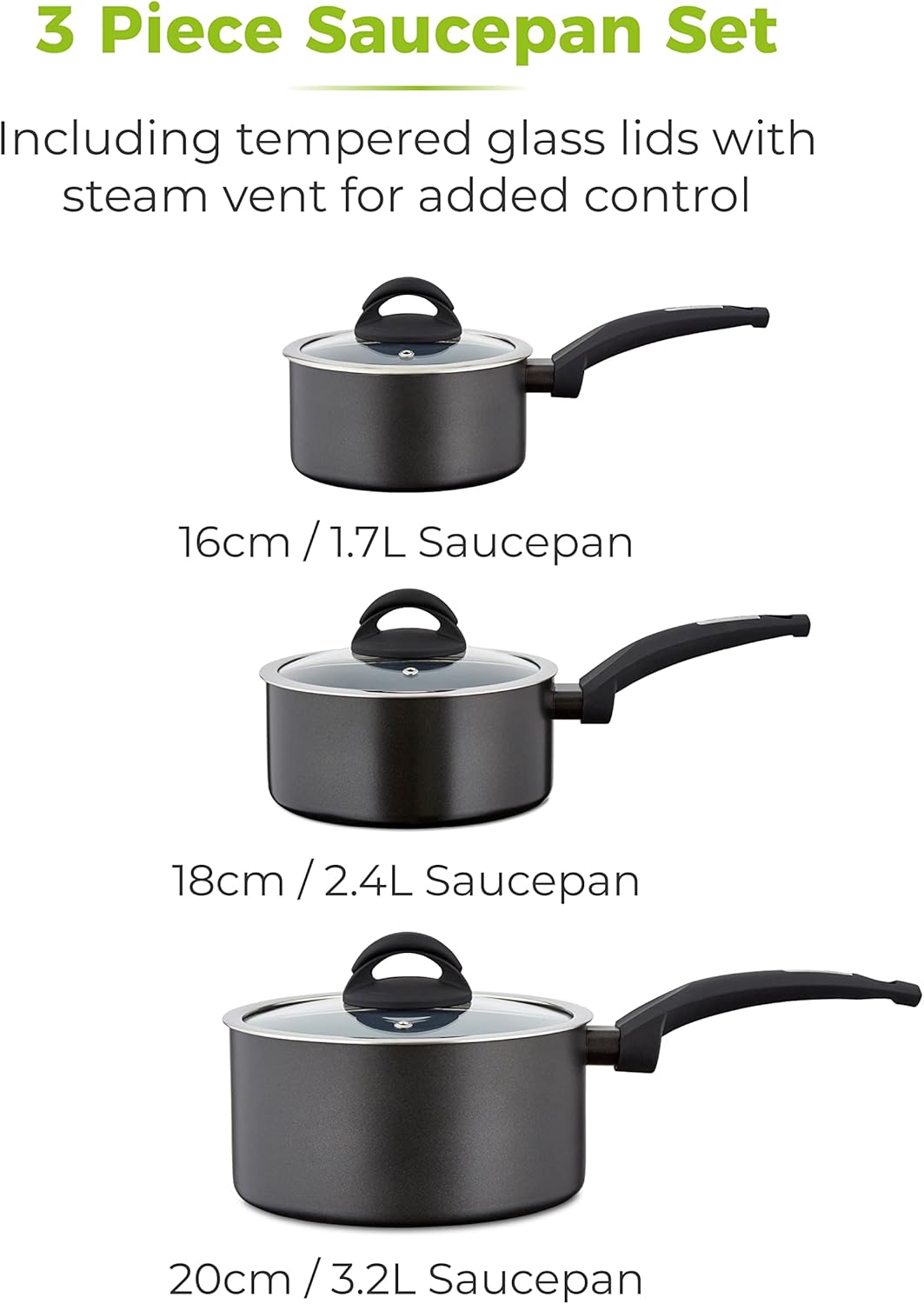 Tower T80302 Cerasure 3 Piece Saucepan Set with Non-Stick Coating, Suitable for All Hob Types Including Induction, 16/18/20cm, Graphite - Image 3