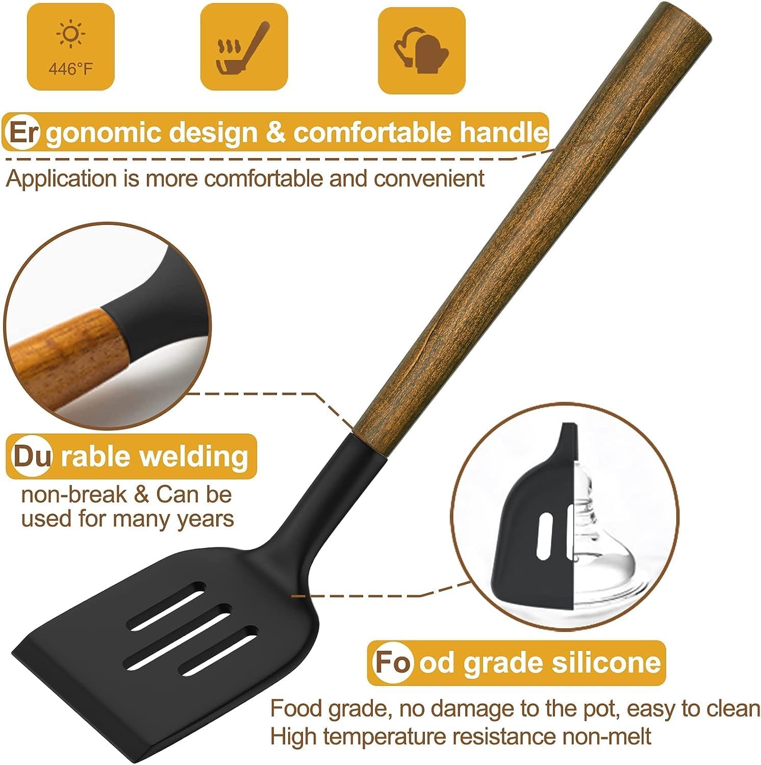 Cooking Utensils Set, 8 PCS Kitchen Utensil Set with Wooden Handle, Black Silicone Kitchen Utensil Accessories, Non-Sticky, Heat Resistant, Easy Cleaning Utensil Set - Image 2