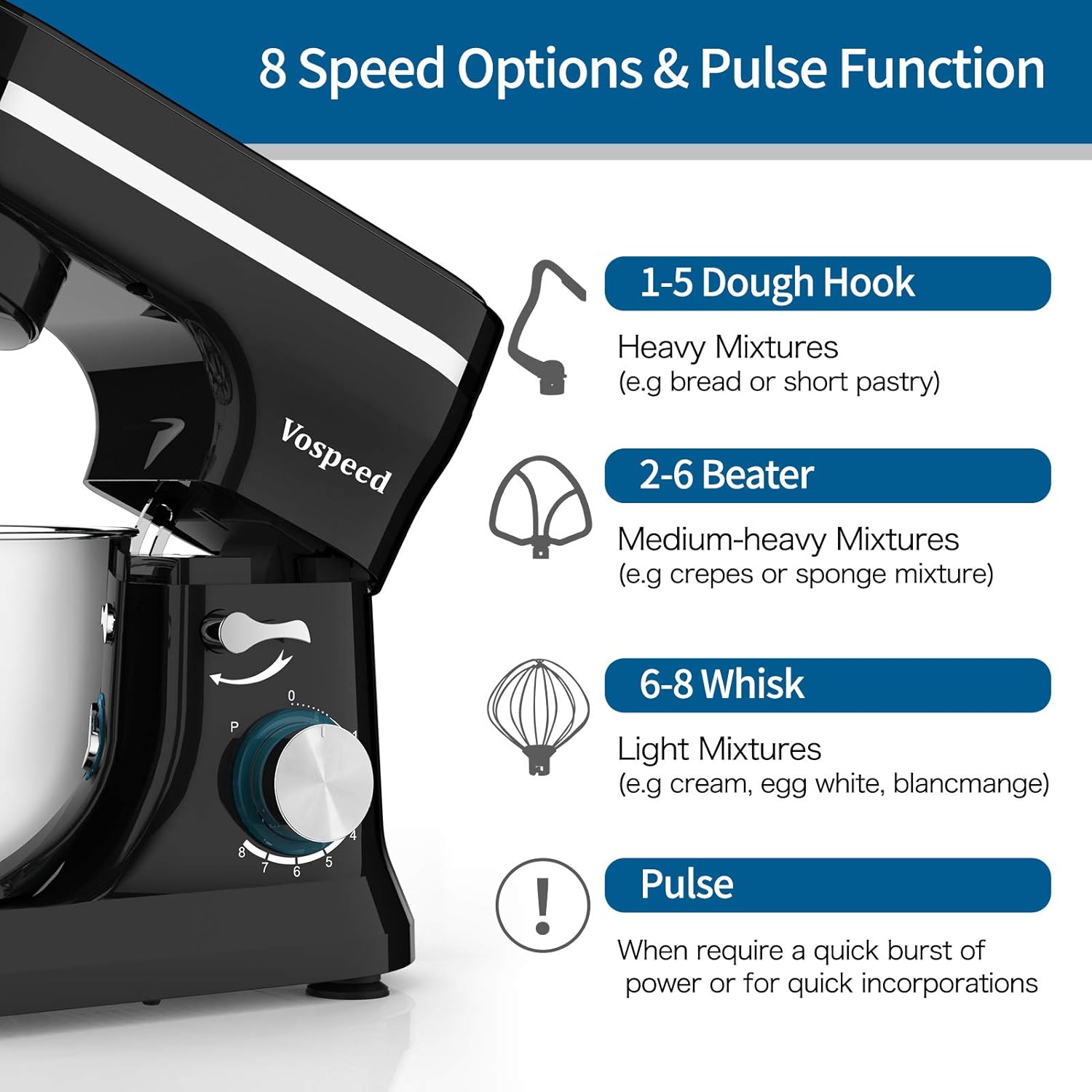 Vospeed Stand Mixer,5 Quarts 8-Speed 1000W Tilt-Head Food Mixer, Kitchen Electric Standing Mixer With Dough Hook, Whisk, Beater, Splash Guard & Mixing Bowl For Baking, Dishwasher Safe (Black) - Image 3