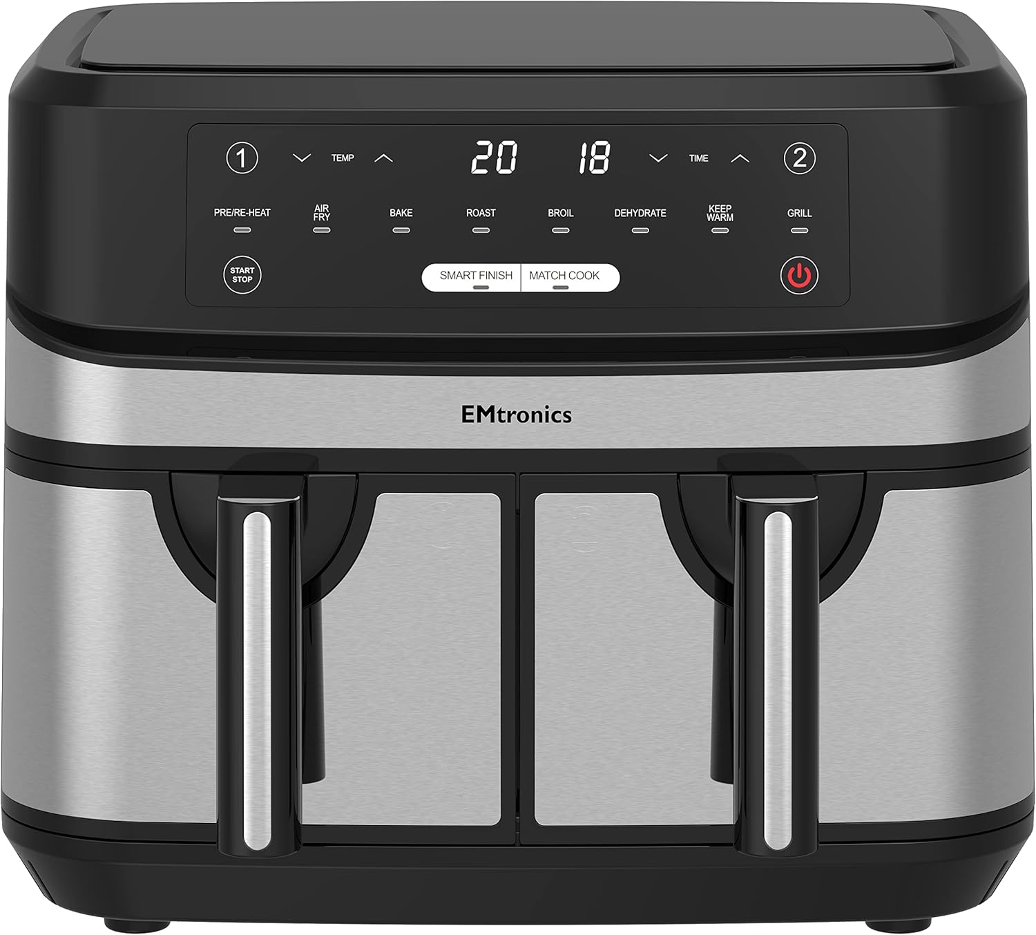 EMtronics EMAFDD9LSL Dual Air Fryer Extra Large Family Size Double XL 9 Litre with 8 Pre-Set Menus for Oil Free & Low Fat Healthy Cooking, Easy Clean Metal Interior, 99-Minute Timer - Stainless Steel - Image 2