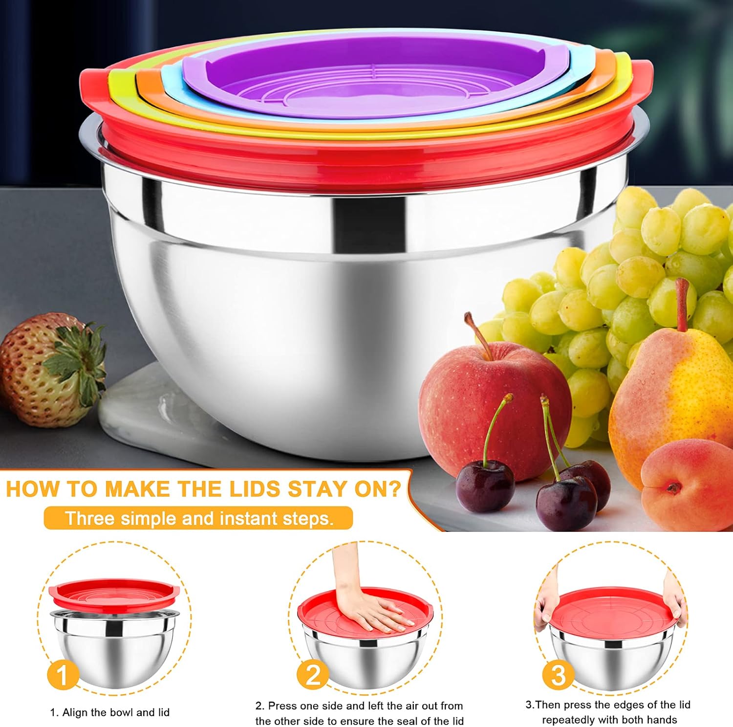 Homikit Stainless Steel Mixing Bowls with Airtight Lids, 5 Piece Nesting Salad Bowls for Space-Saving Storage, Metal Serving Bowl for Kitchen Baking/Cooking/Prepping, Size 0.7/1/1.5/2.6/4.6QT - Image 6