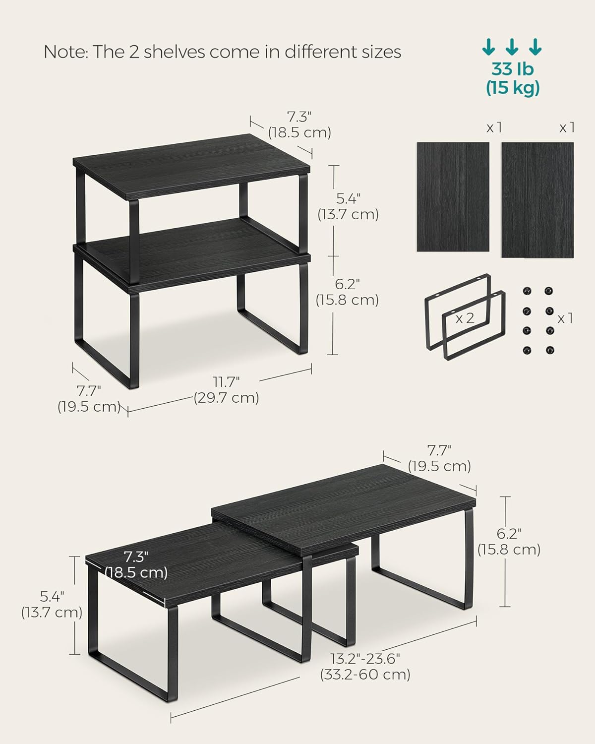SONGMICS Spice Rack, Set of 2 Cupboard Shelf Organisers, Expandable Kitchen Shelf Organiser, Stackable Spice Holder, Metal and Engineered Wood, Ink Black and Ebony Black KCS02B01 - Image 4