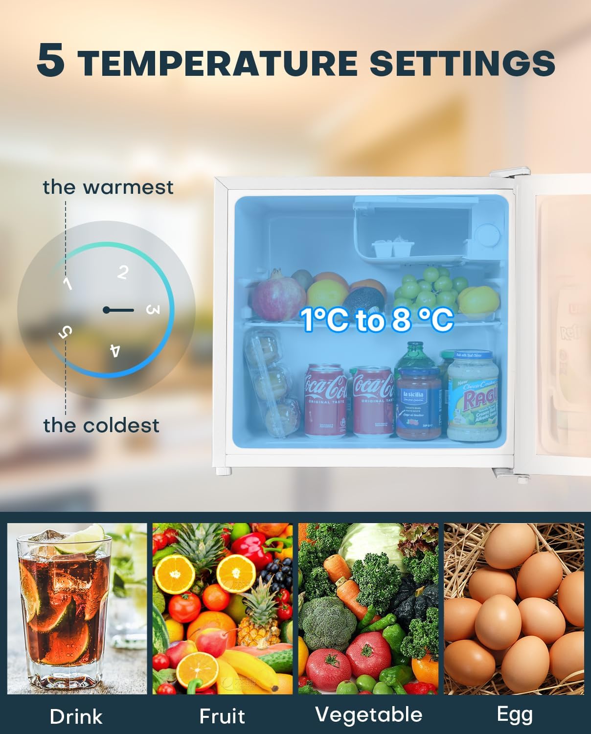 Upstreman Mini Fridge 46L, Table Top Fridge, Adjustable Thermostat, Energy Saving, Low Noise, Single Door Compact Refrigerator for Dorm, Compact Wine&Beers Cooling, White - Image 3