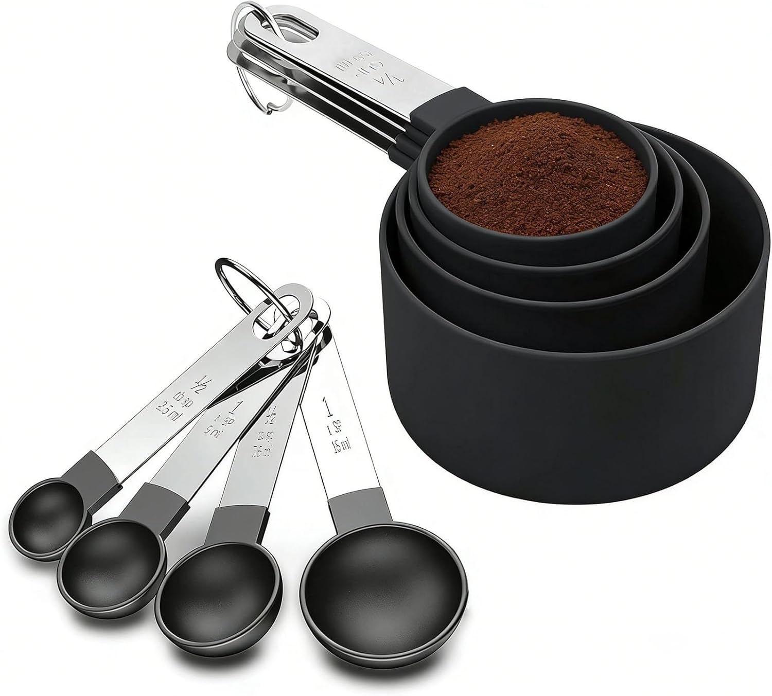 Measuring Cups and Spoons Set of 8 Pieces, Nesting Measuring Cups for Measuring Dry or Liquid Ingredients, Small Teaspoon with Plastic Head for Cooking Kitchen (Black)