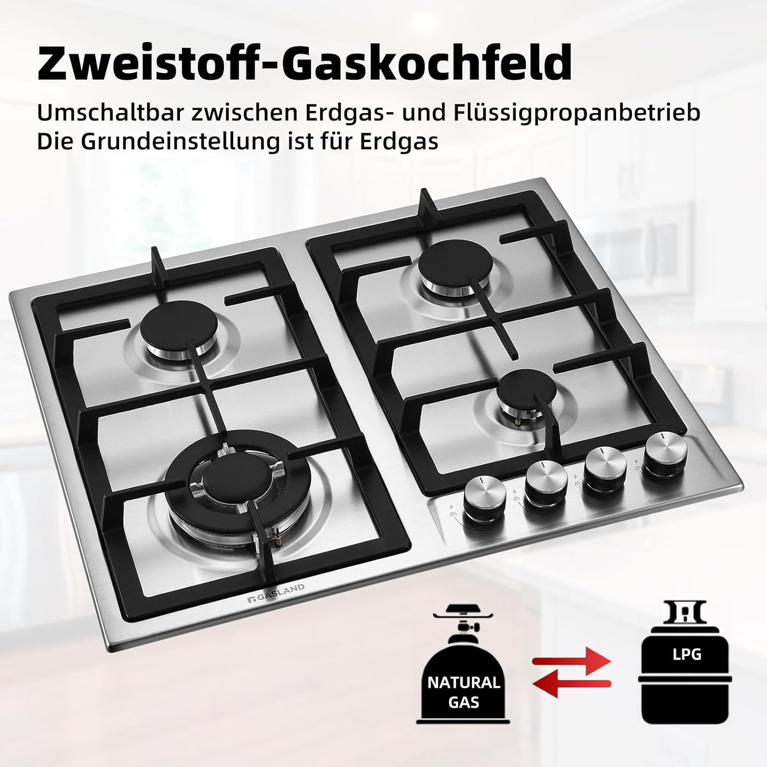 GASLAND GH60SF 60cm Built-in Gas Hob, 4 Burners Stainless Steel Gas Cooktop with Flame Failure Protection, NG/LPG Convertible, 8000W - Image 3