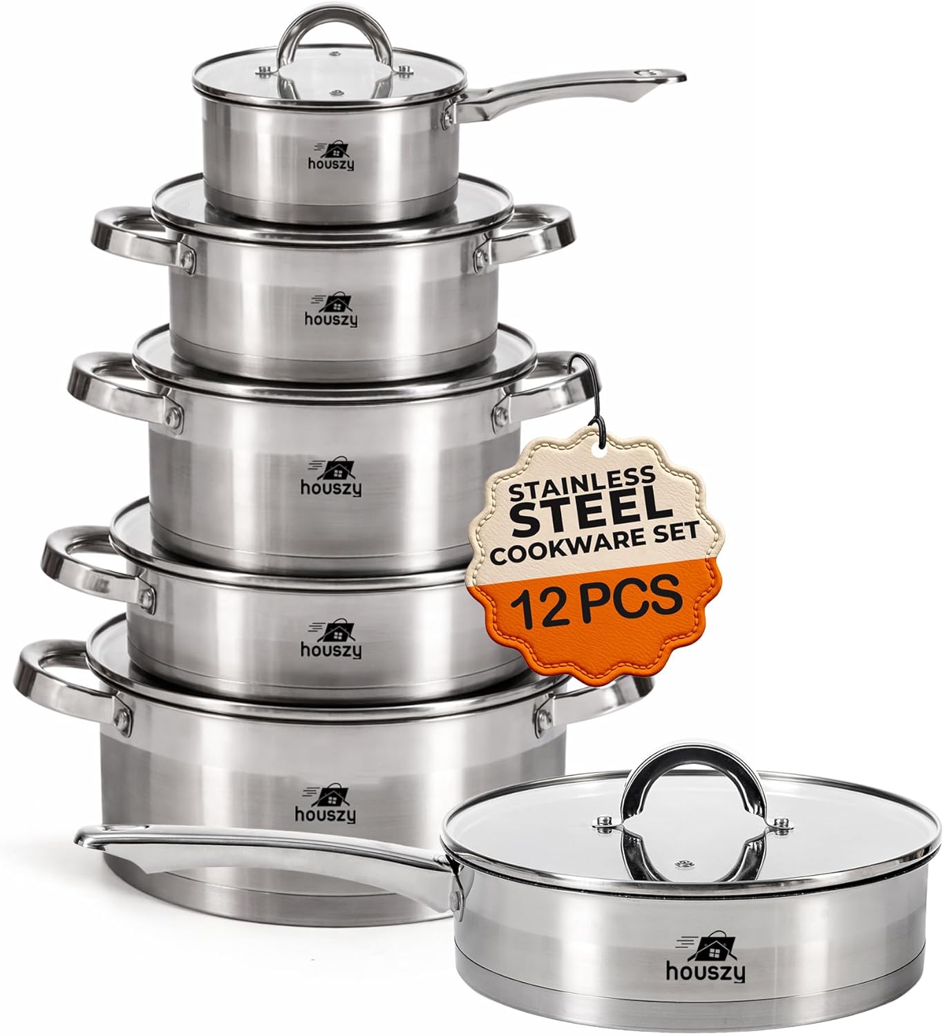 12PC Cookware Set - Saucepan Frying Pan Casserole Stainless Steel Cookware Non Stick Kitchenware Glass Lids Strong Quality Long Lasting & Durable