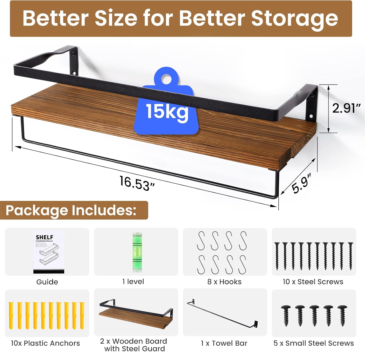 AGM Floating Shelves Wall Mounted Shelf, Wooden Wall Shelves Racking Set of 2 for Bedroom, Bathroom, Living Room, Kitchen Storage w/ 1 Towel Bar and 8 S-Hooks, Max Load 33lbs - Image 3