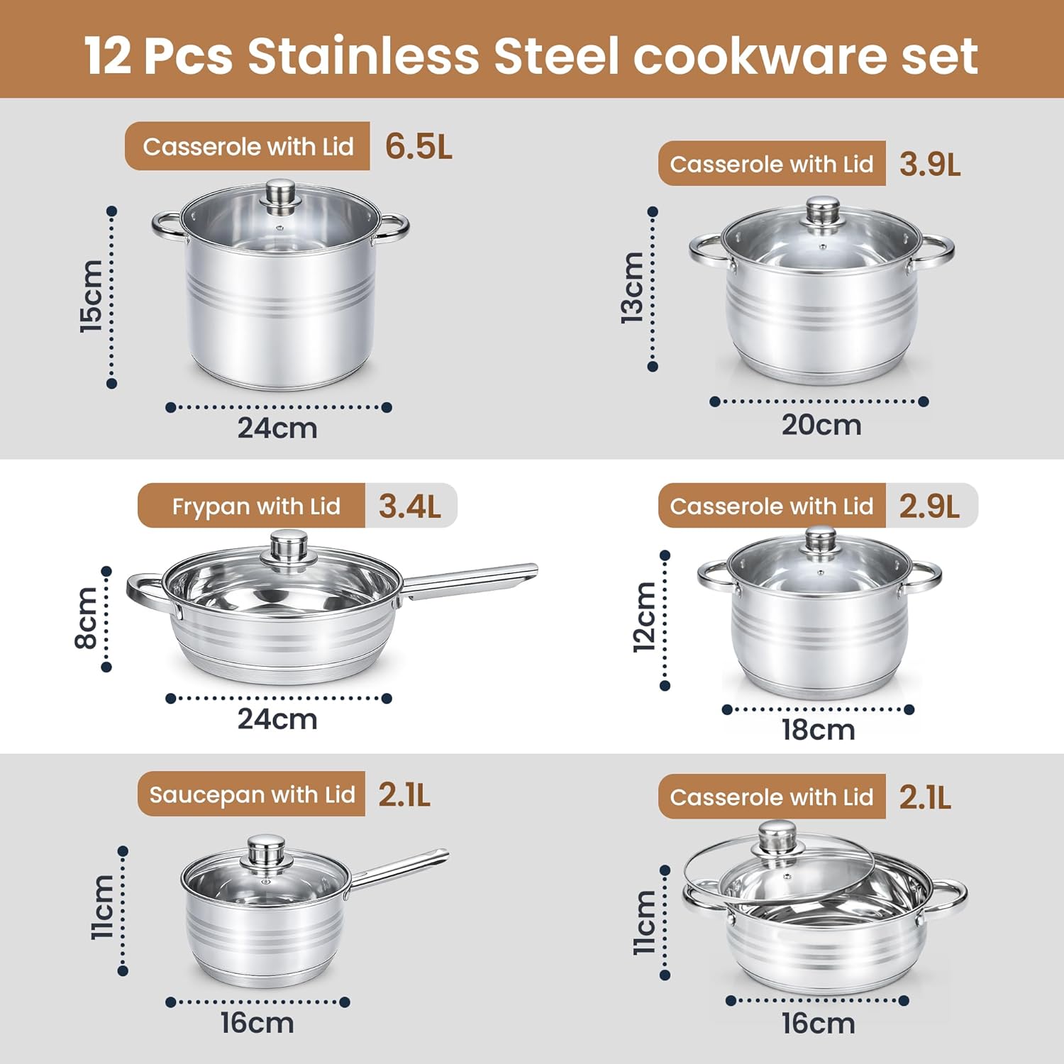 12 Pcs Stainless Steel Pots and Pans Set - Induction Compatible Cooking Pots & Pans with Glass Lids - Casserole, Frypan, Saucepan, and Stockpot Set Dishwasher Safe Kitchen Cookware Set - Image 2