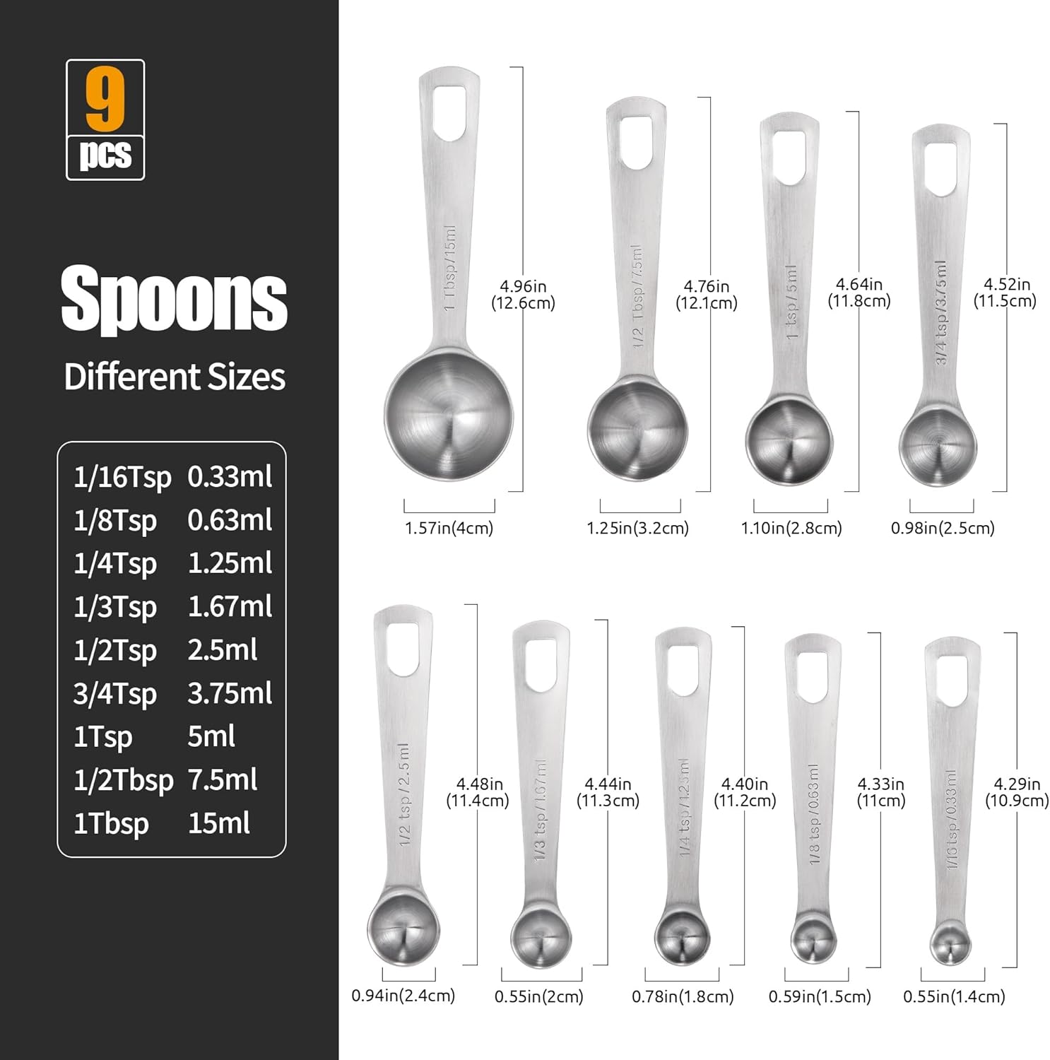 Doosu Metal Measuring Spoons Sets, 18/8 Stainless Steel Kitchen Engraved Measure Scoop Small Measure Teaspoons Tablespoon TSP Tbsp for Serving Baking Cooking Dry and Liquid (Round, 9-Piece) - Image 2