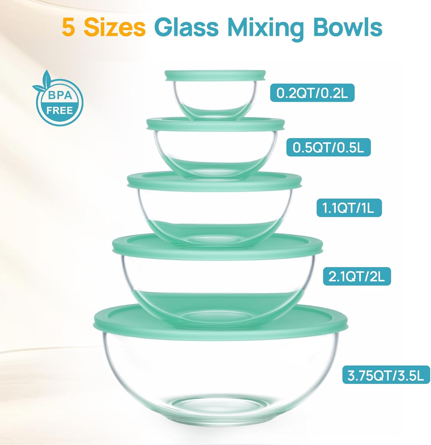Vtopmart Glass Mixing Bowls with Lids, Set of 5 Borosilicate Glass Salad Bowl, Nesting Kitchen Serving Bowls for Prep, Cooking, Baking, Microwave Freezer Dishwasher Safe (0.2/0.5/1.0/2.0/3.5 L) - Image 2