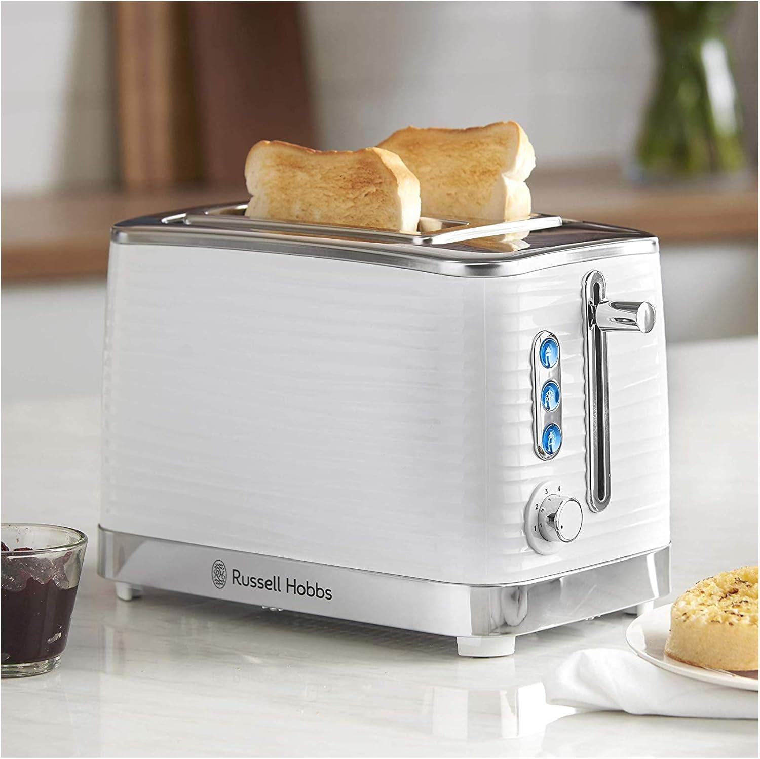 Russell Hobbs Inspire 2 Slice Toaster (Extra wide slots, High lift feature, 6 Browning levels, Frozen/Cancel/Reheat function with Blue LED illumination, 1050W, White textured high gloss) 24370 - Image 2