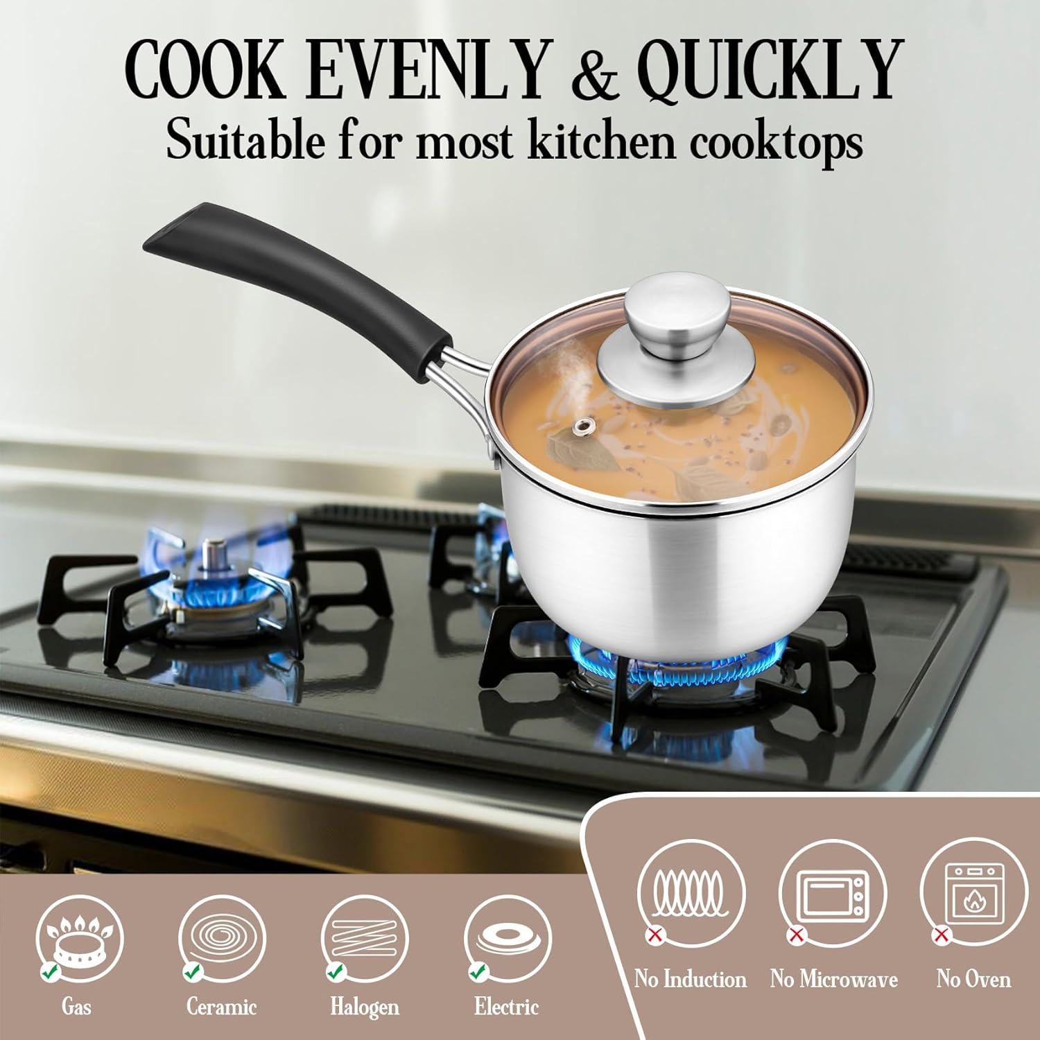 Onader 14cm Saucepan, Stainless Steel Sauce Pot with Glass Lid, Small Milk Cooking Pan with Heatproof Handle for Kitchen Restaurant Cooking, Healthy & Easy Clean - Image 4