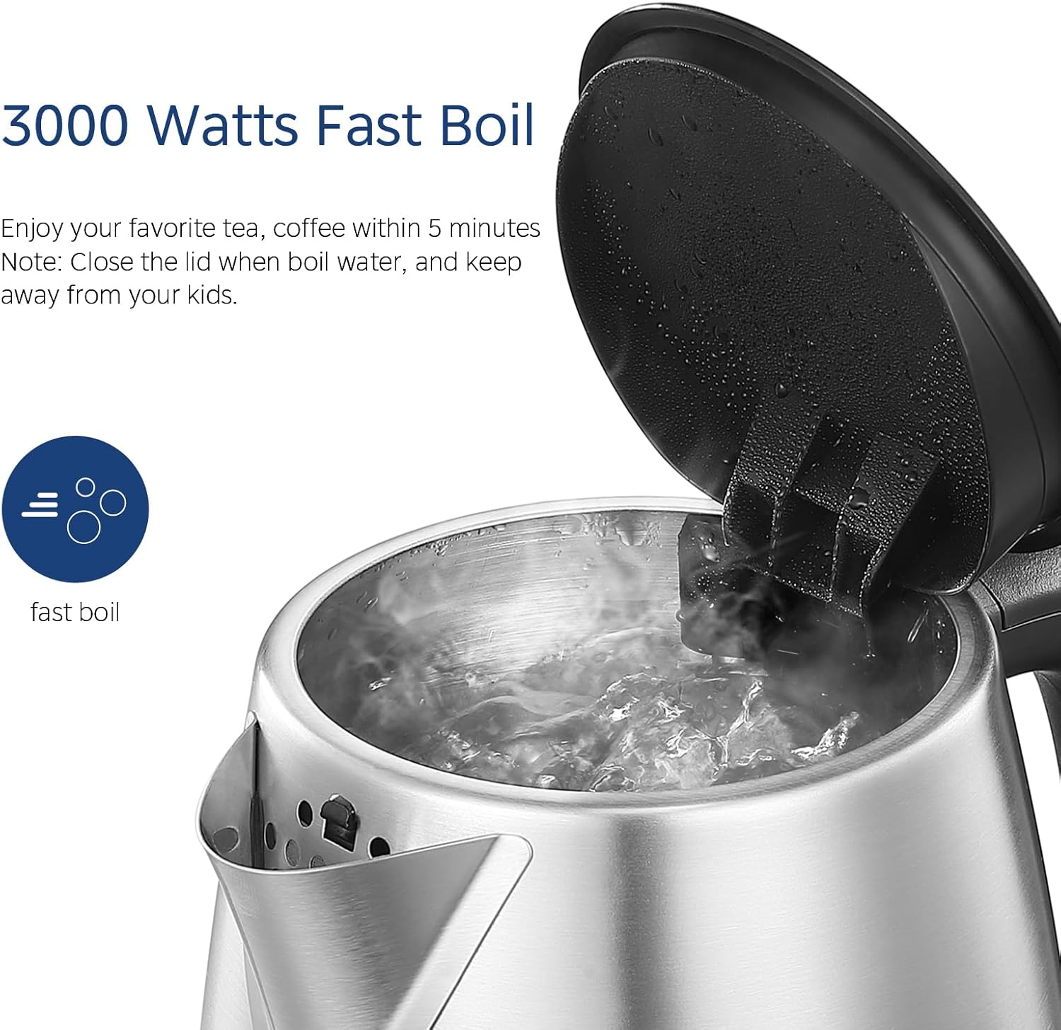 Midea Electric Kettle 3000W Fast Boil 1.7L Stainless Steel Kettle LED Indicator,Spring Lid,Removable Filter,Insulated Handle, Water Level Indicator, Dry Burn Protection,BPA-Free - Image 5