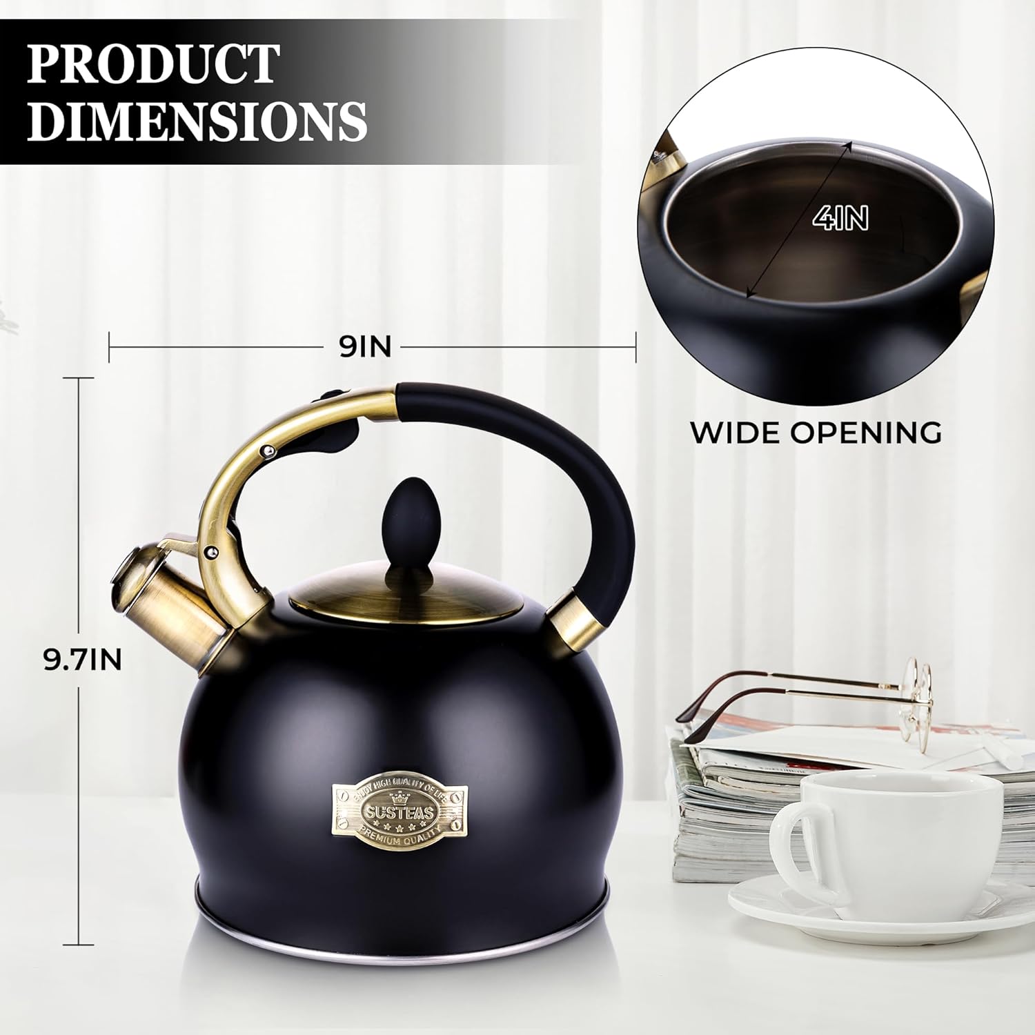 SUSTEAS Stove Top Whistling Tea Kettle-Surgical Stainless Steel Teakettle Teapot with Cool Touch Ergonomic Handle, With 1 Silicone Pinch Mitt Included,3L (Black) - Image 6