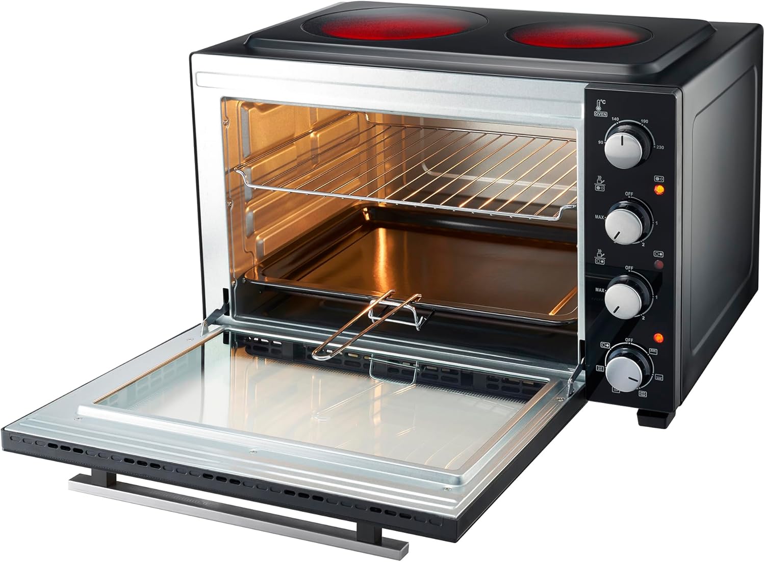Cooks Professional Mini Portable Oven with Ceramic Hobs | Energy Efficient Electric Countertop Cooker with Two Hot Plates & Wire Rack Baking Tray | Kitchen Grill Ovens | 48L Capacity | Black & Silver - Image 3