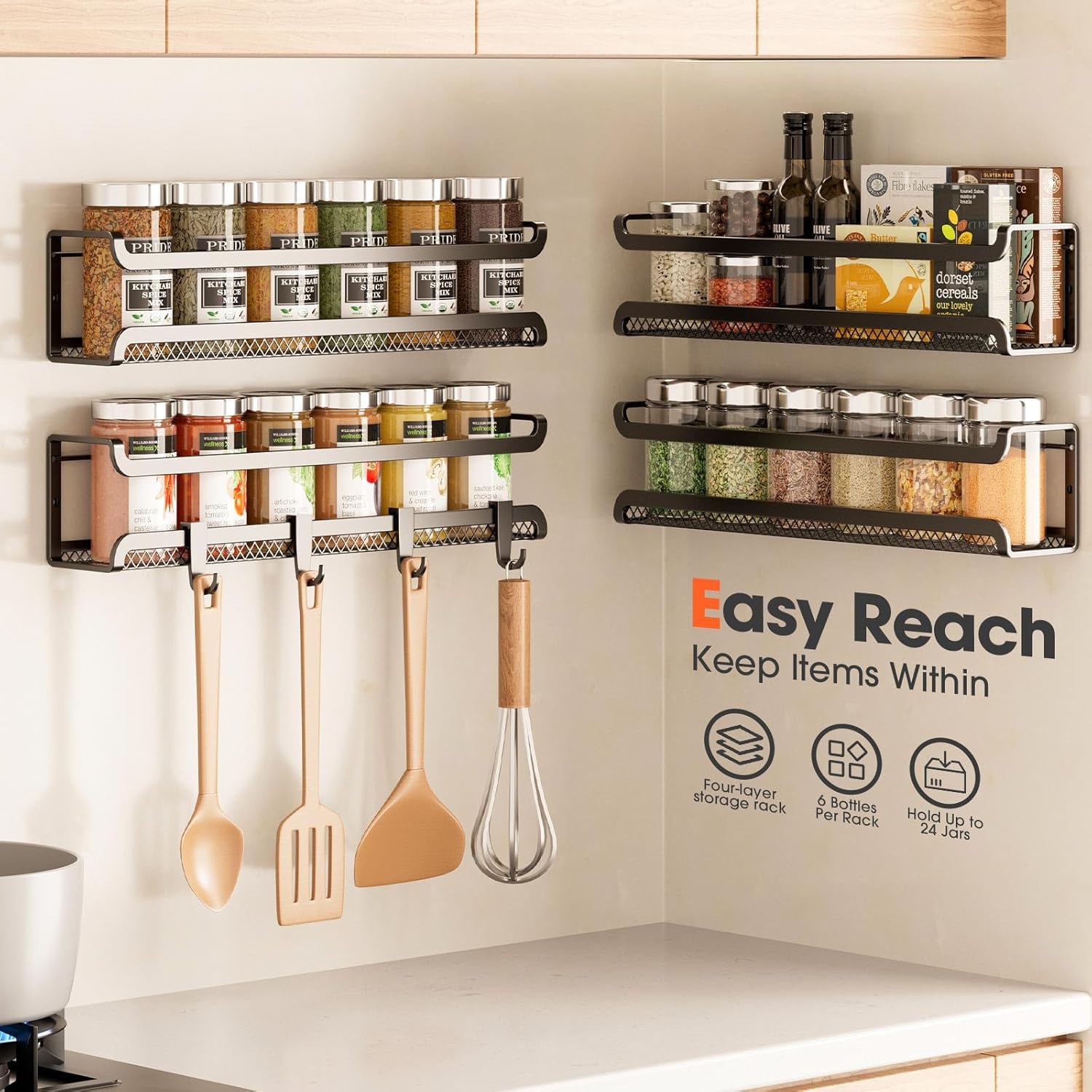 Spice Rack Wall Mounted 4 Pack, Inside Cupboard Spice Organiser with Moveable 4 Hooks, Adhesive and Screws – Seasoning Organizer for Kitchen Door Storage(Black) - Image 5