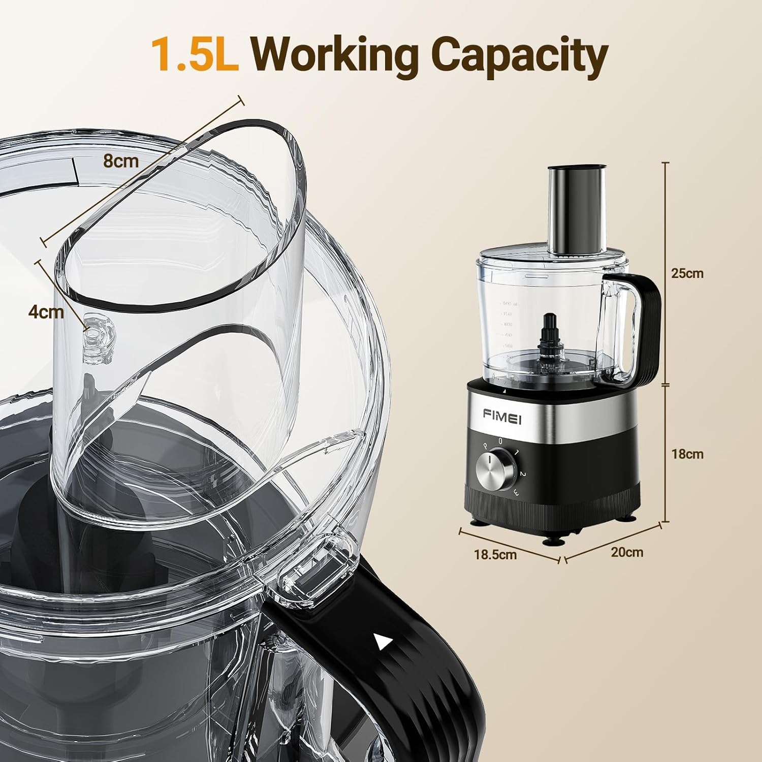 FIMEI Multifunctional Food Processor, 3 Speeds and Pulse Function, 1.5L Chopper, Dough Kneader, Shredder, Reversible Slicer, Emulsifying Disc, Double Lock Protection, Compact and Easy to Store, 800W - Image 9