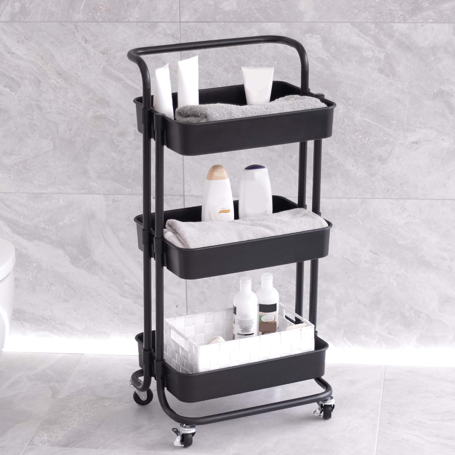 Maison & White 3 Tier Storage Trolley | Bathroom, Kitchen & Utility Unit | Book Cart | Make Up Rack | Mobile Organiser | Fruit & Vegetable Storage | M&W (Black) - Image 4