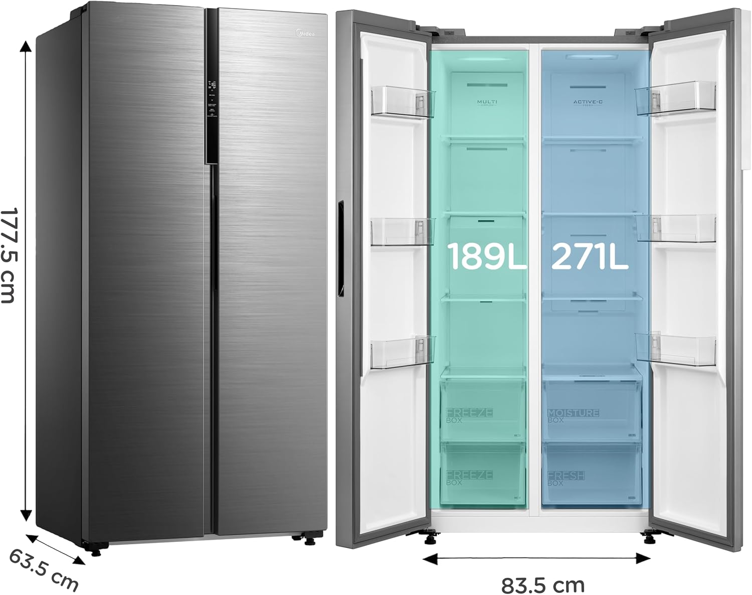 Midea MDRS619FIE46 460L American Side-By-Side Fridge Freezer, Total No Frost, WiFi Smart Control, PlasmaPure Fresh System, 271L Fridge, 189L Freezer, 83.5W x 63.5D x 177.5H cm, Stainless Steel - Image 2