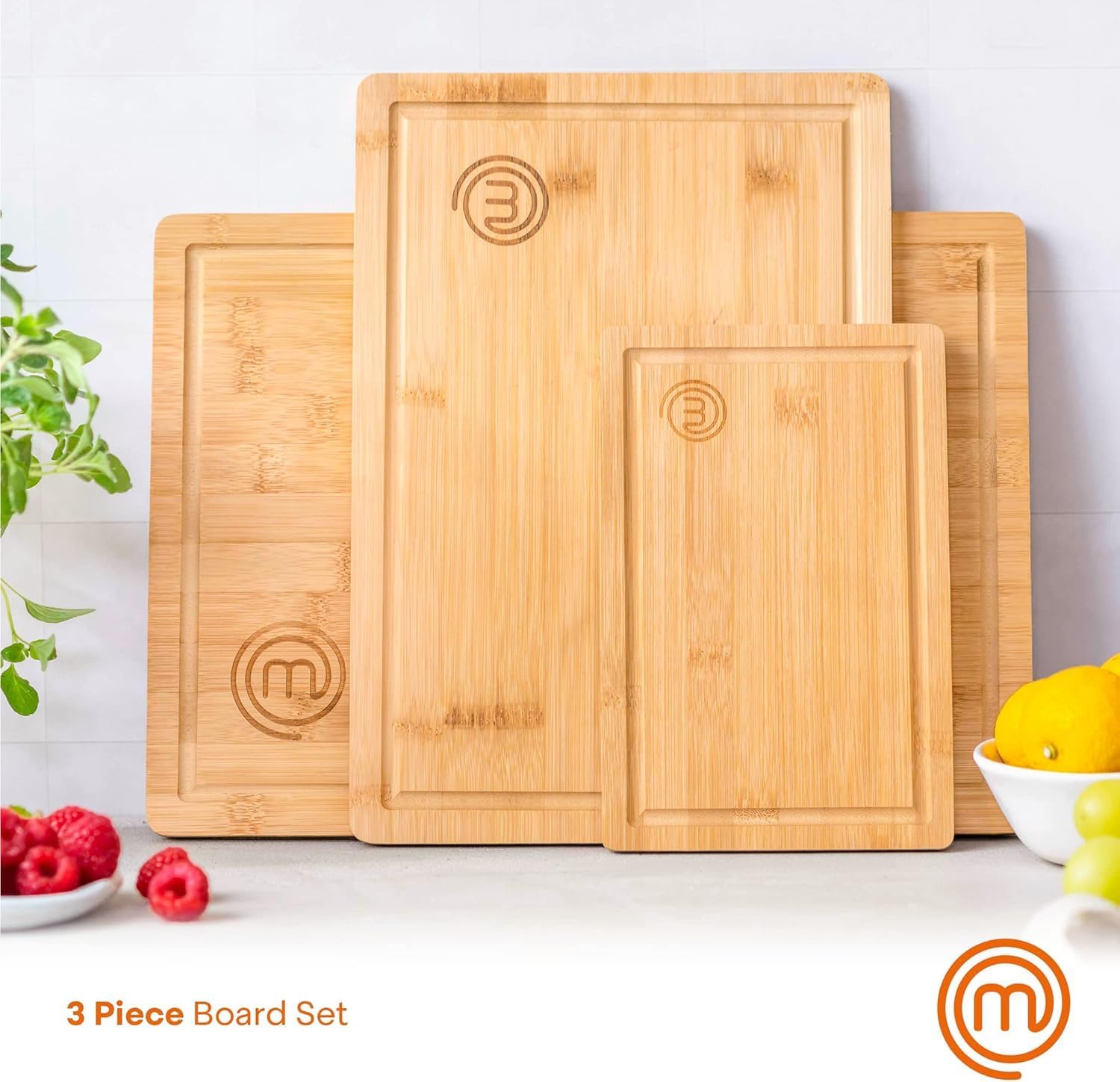 MasterChef Wooden Chopping Board Set of 3, Bamboo Cutting Boards for Kitchen, Reversible Wood Boards with Juice Grooves in Small, Medium & Large Sizes, 23cm x 15cm, 34cm x 23.5cm, 38cm x 27.5cm - Image 2
