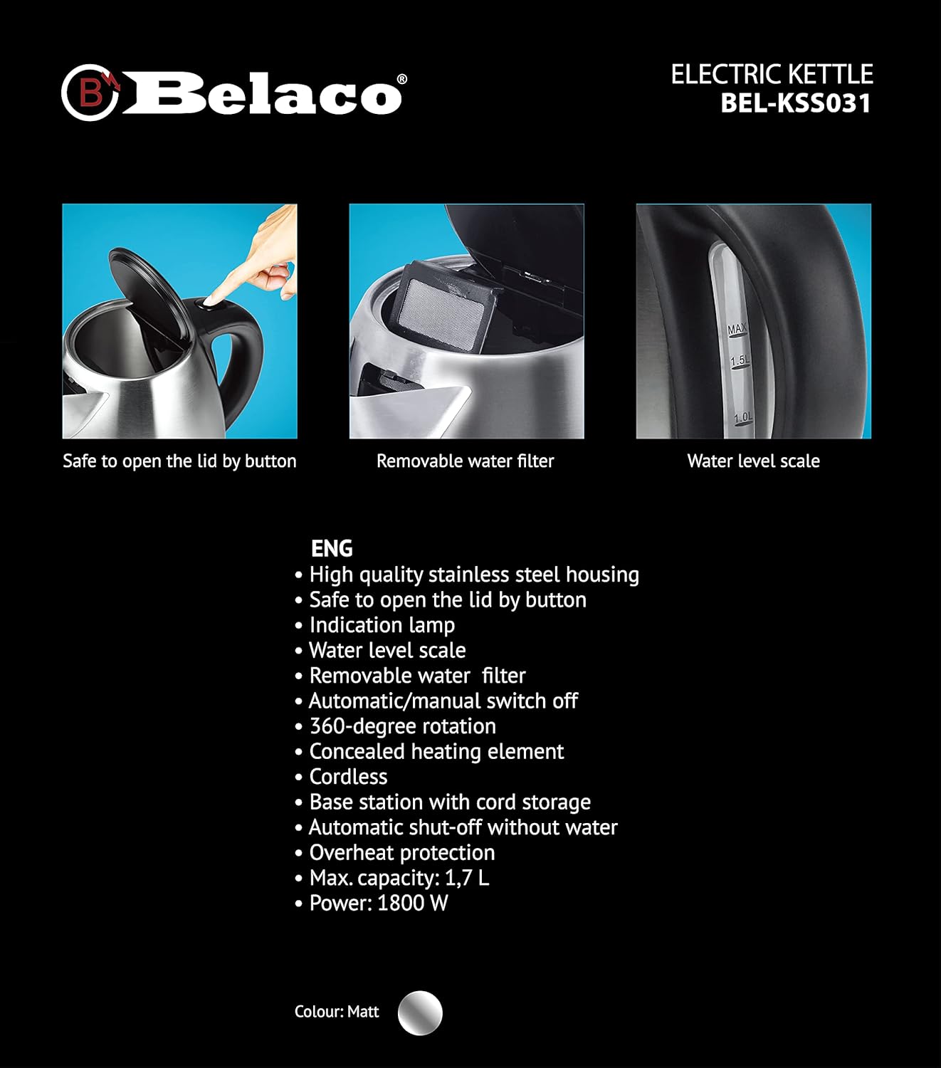 Belaco Electric Kettle Stainless Steel Housing 1.7L Fast Boil Cordless 360° Rotation Removable Water Filter 1800-2200W UK Plug Auto Shut-Off & Boil-Dry Protection - Silver - Image 6